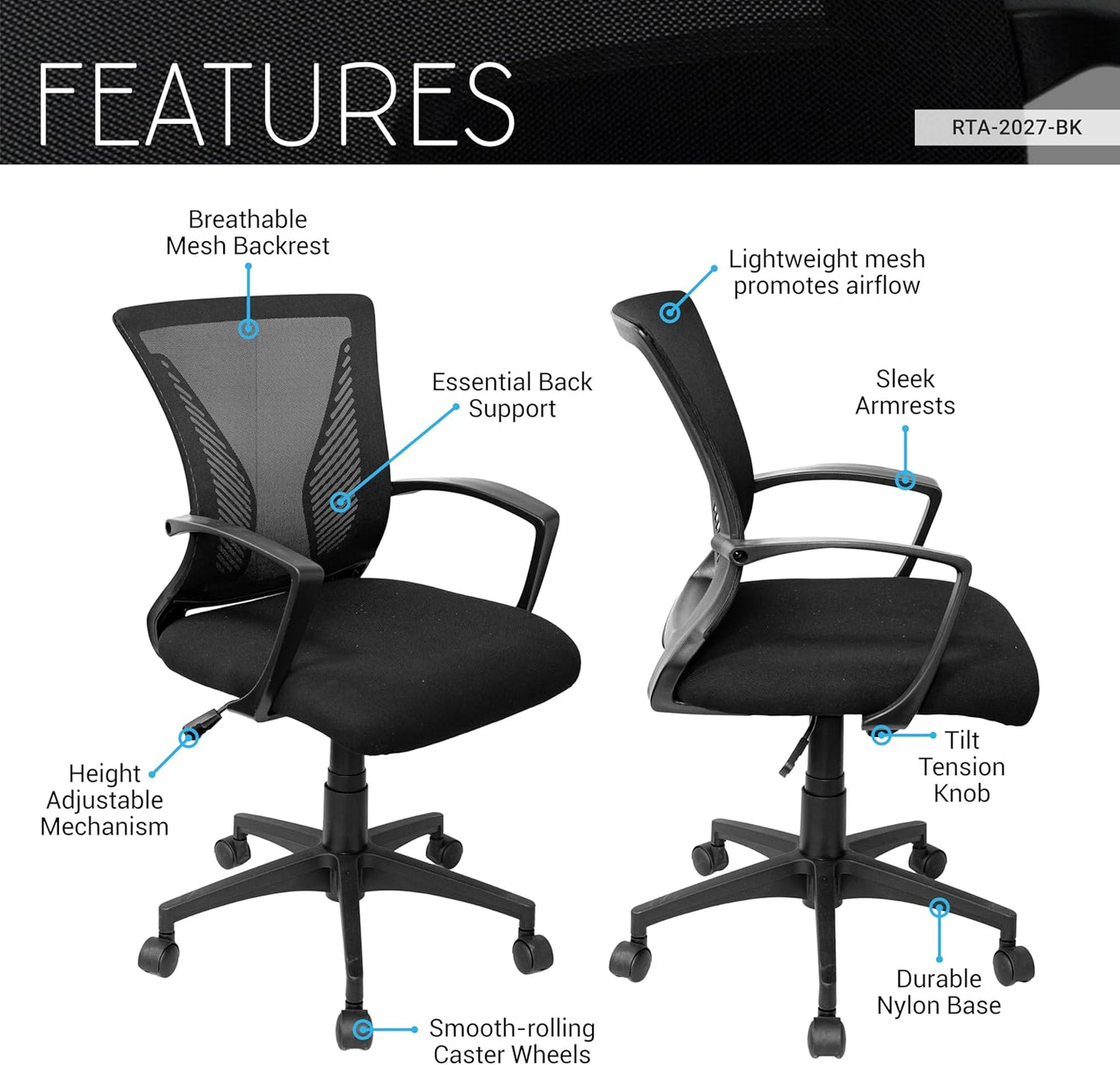 Techni Mobili Ergonomic Black Mesh Office Chair - Adjustable Height & Lumbar Support for Home Office