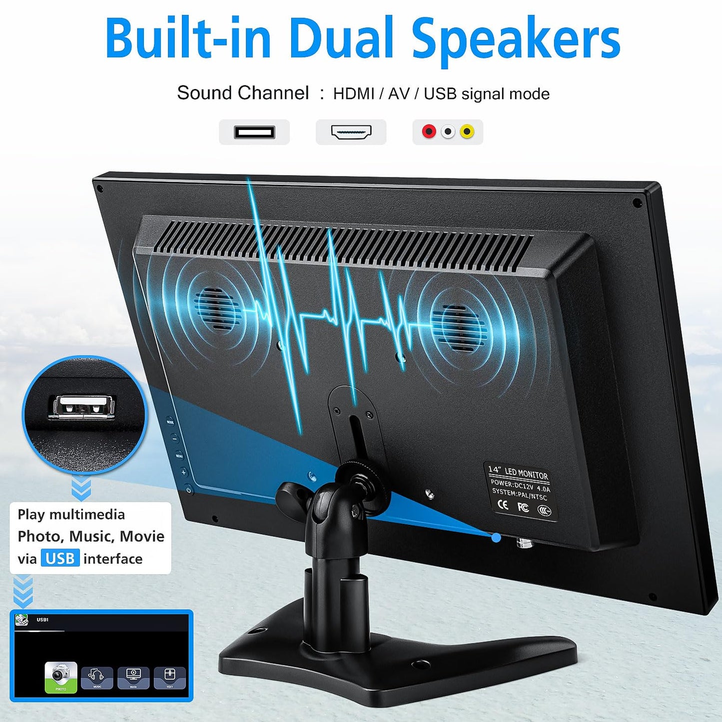 Haiway 14 Inch Security Monitor, 1366x768 Resolution Small PC Monitor Built-in Speakers with HDMI/VGA/BNC/AV Ports, Home Office Mini hdmi Monitors for Laptop, CCTV Camera, Gaming with Remote Control