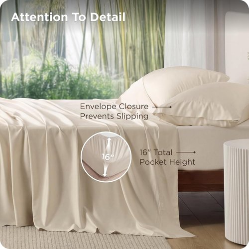 Bedsure Queen Sheet Set - Cooling Bamboo Rayon Sheets | Breathable & Soft, Deep Pocket Up to 16", Light Beige