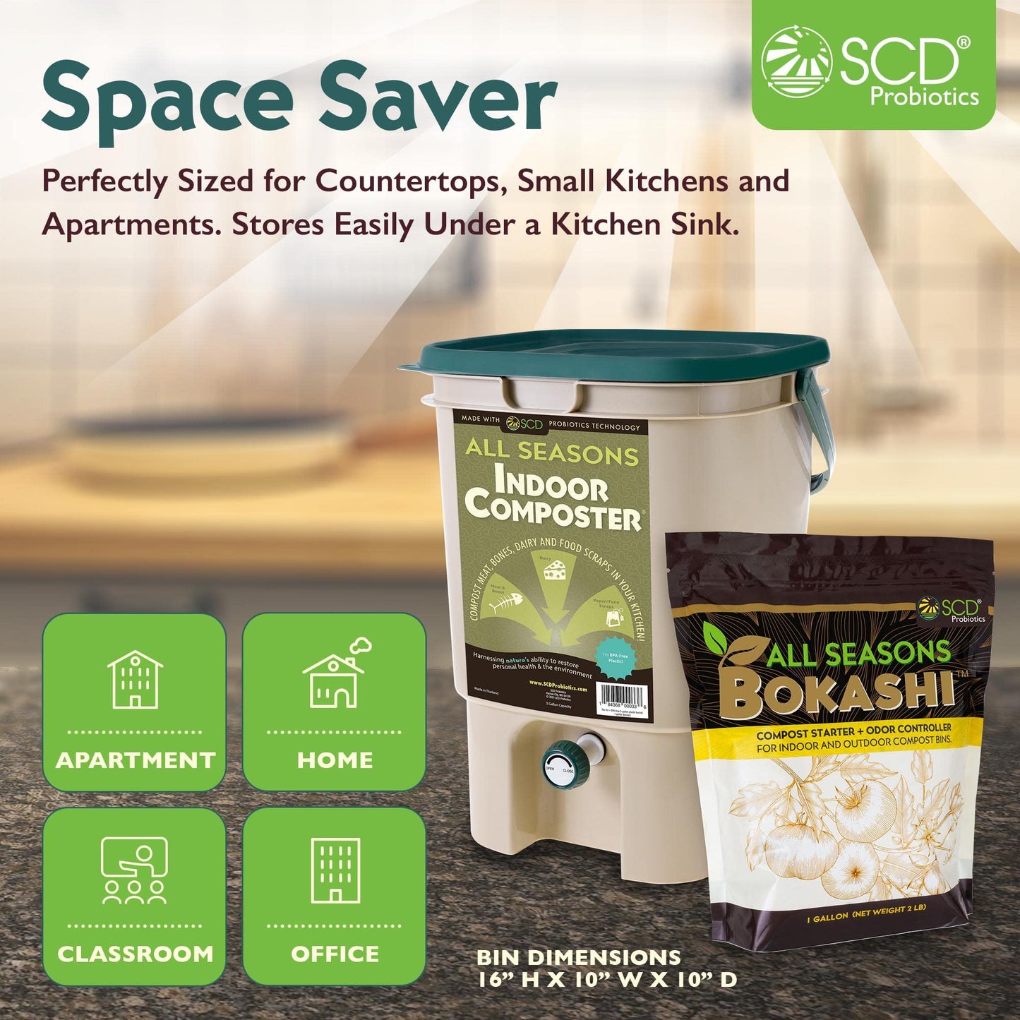All Seasons Indoor Composter Starter Kit - Two Family-Sized Composting Bins for Kitchen Countertop and Bokashi Bran Starter 5 lb (2 gallons), Easily Compost Food After Every Meal, Odor Free