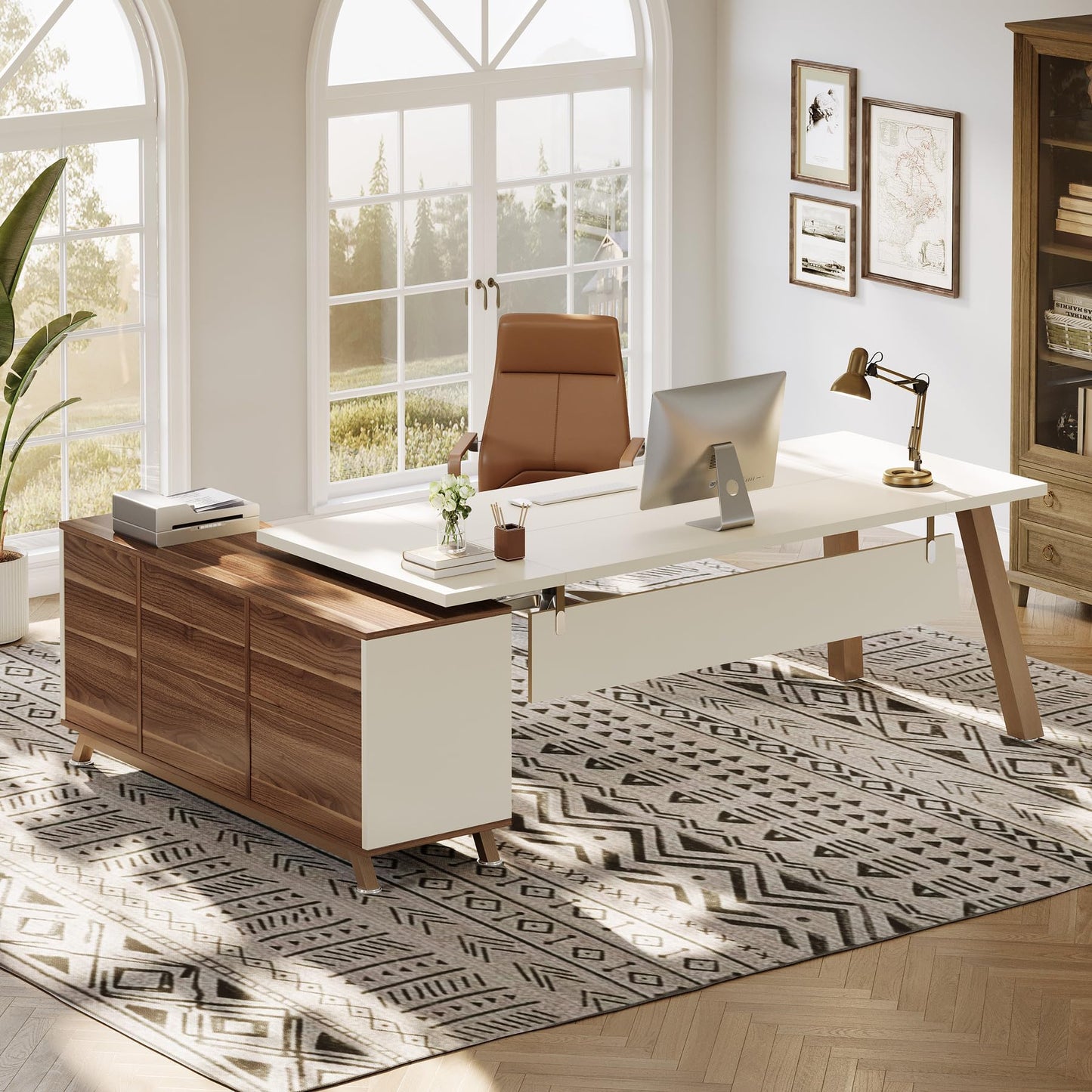 Tribesigns 78.7" L-Shaped Executive Desk, Modern Office Desk with File Drawers & Storage Shelves, Large Computer Desk with 55-Inch Cabinet, Business Workstation for Home Office, Beige & Walnut