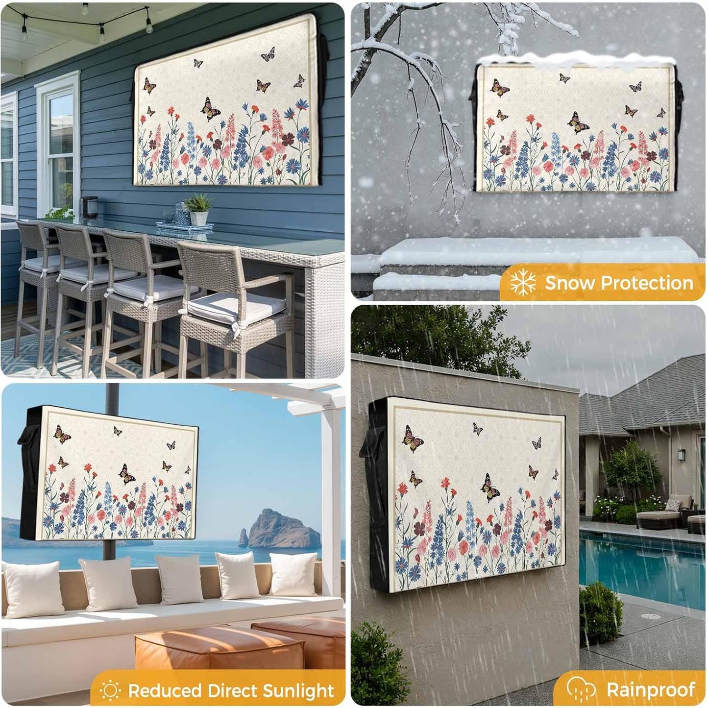 EZON-CH 40-43 inch Outdoor TV Cover Vintage Plants Weatherproof TV Screen Protector Spring Lavender Flowers Butterflies