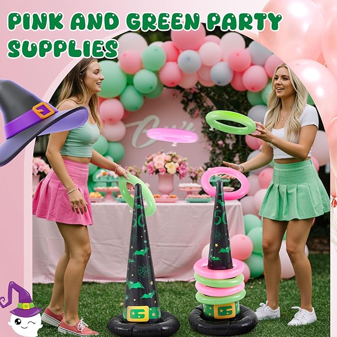 Leitee 10 Pcs Halloween Inflatable Witch Hat Ring Toss Game Set Carnival Pink and Green Inflatable Ring Toss Games Toys for Witch Themed Birthday Party Decoration Indoors Outdoors