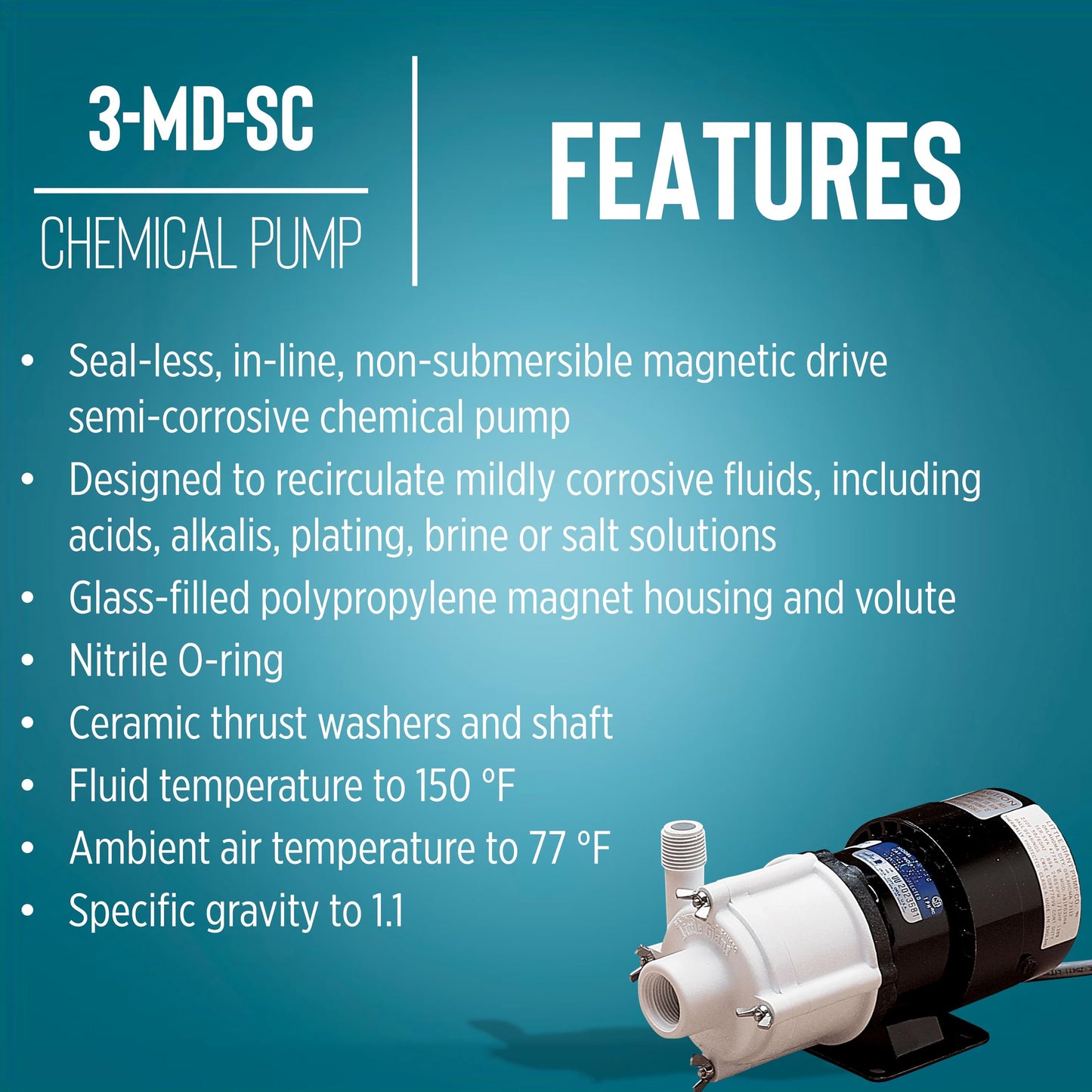 Little Giant 115 Volt, 1/12 HP, 750 GPH 3-MD-SC Non-Submersible Magnetic Drive Pump for Semi-Corrosive Chemicals, 6-Foot Cord with Plug, Black/White, 581503