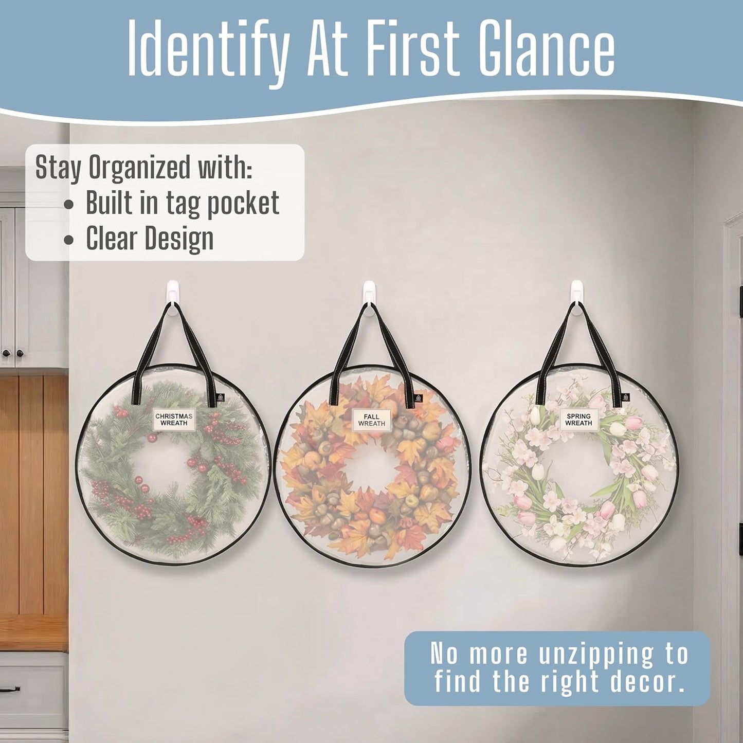 VENO Wreath Storage Container - 24 Inch Heavy-Duty Clear Bag with Wall Hanging Handles | 2 Pack