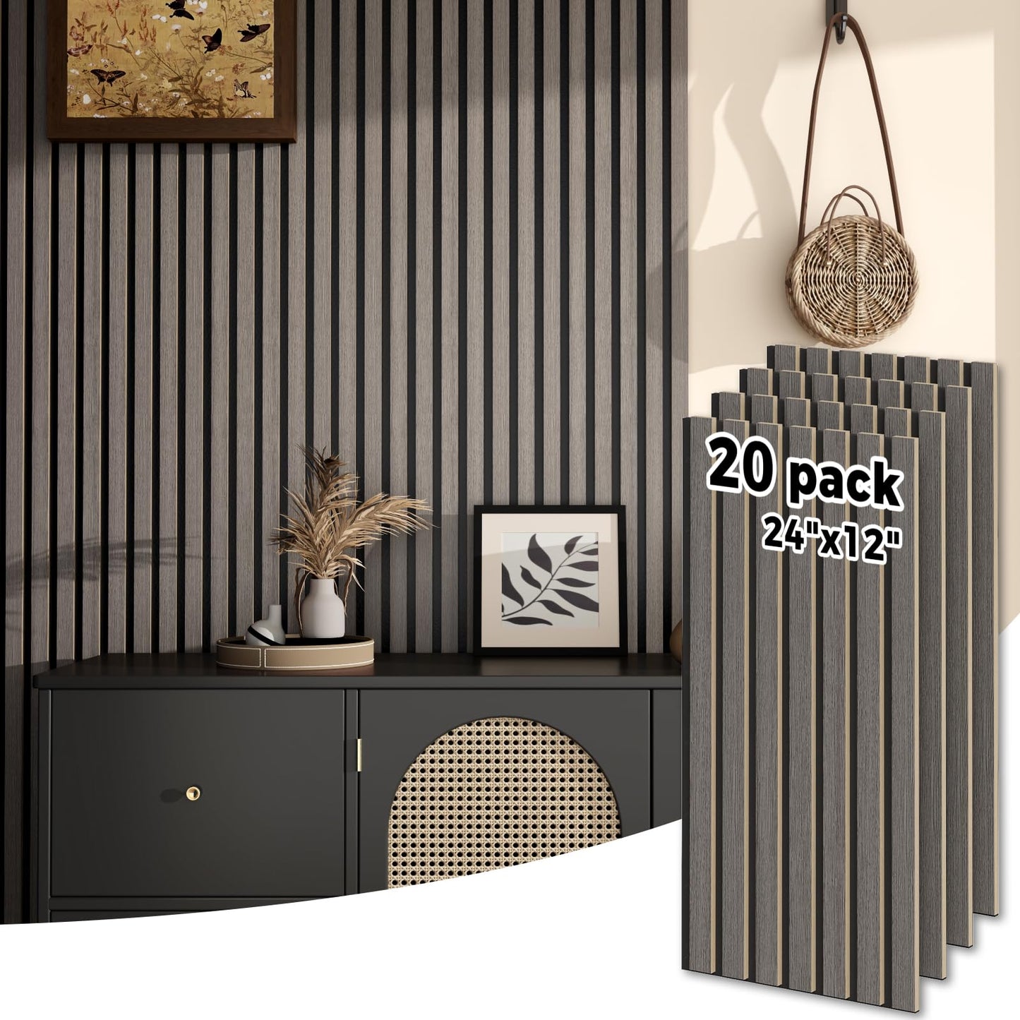 Wood Wall Panels 24" x 12" Acoustic Wood Slat Wall Panel, 20-Pack(40ft²) Soundproof Wood Slat Panel for Noise Cancelling and Interior Wall Decoration, Living Room, Bedroom, Office, Grey