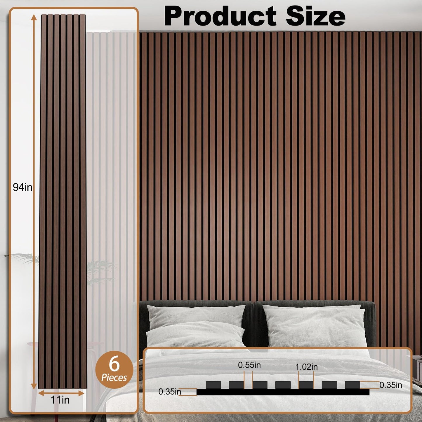 Fivaz 6 Pcs 94" × 11" Wood Panels for Wall, Soundproof Wood Slat Wall Paneling, Stylish Decor Acoustic Wall Panels for Wall and Ceiling, Odor-Free & Easy to Install, Dark Walnut