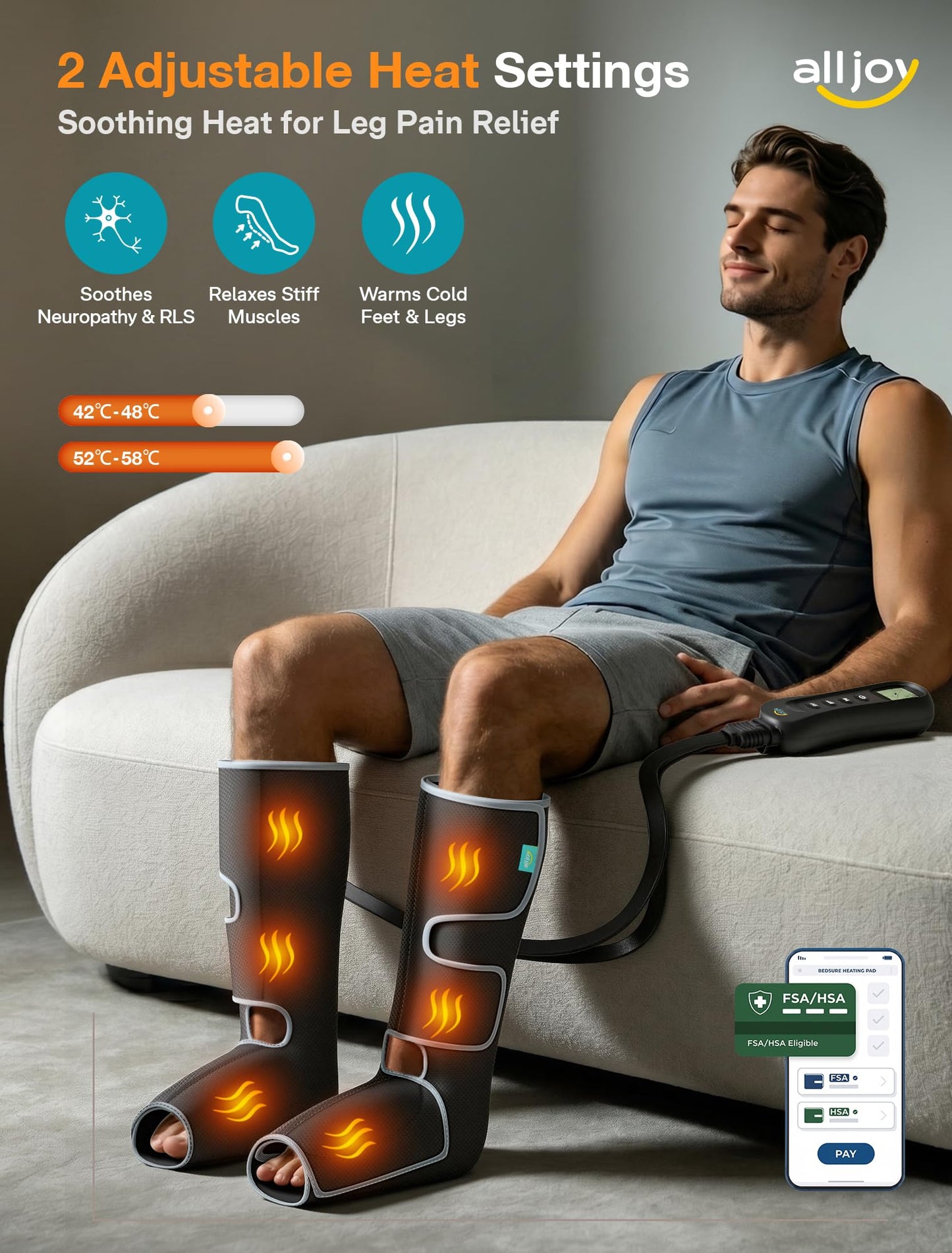 ALLJOY Leg Massager for Circulation and Pain Relief FSA, Father-s Day Gift-s for Dad Men Women, Leg Massager with Heat and Compression Helpful for Vericose Veins, Fatigue, Cramps, Swelling, Edema