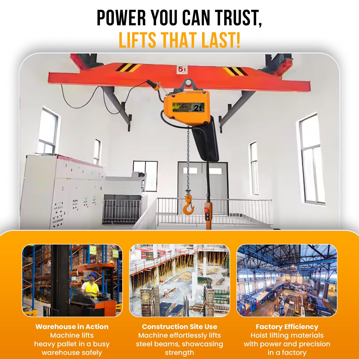 MTC Crane Heavy-Duty 2 Ton Electric Hoist, Electric Winch - Electric Hoist with VFD Controls, 20' Lift Height, 480V 3-Phase, Pendant Control