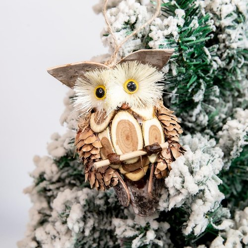 Cartanfill Woodland Animal Owl Ornaments - Set of 6 Assorted Wood & Sisal for Christmas & Thanksgiving
