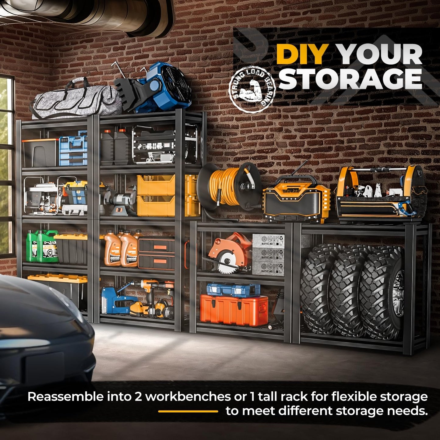 Auto Dynasty 5-Tier Storage Shelves Set of 2, 72" H (3000LBS Capacity) Adjustable Garage Shelving, Metal Storage Utility Rack Shelf Unit for Pantry Kitchen Warehouse, 72" H x 35" W x 16" D, Black