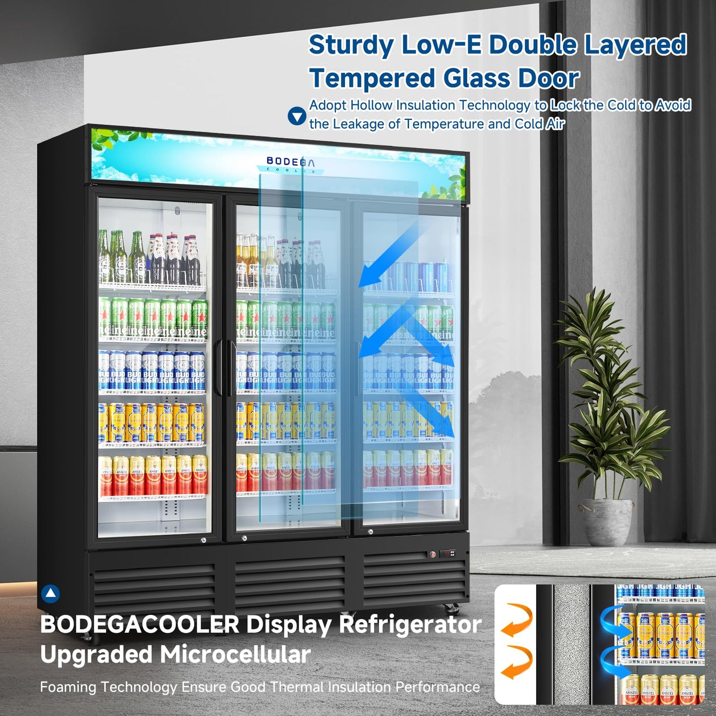 BODEGACOOLER Commercial Merchandiser Refrigerator,3 Glass Door Commercial Beverage Refrigerator, Beverage Display Cooler with Soft LED Light, Adjustable Shelves and 8 Strong Castors, 53 Cu. Ft,Black