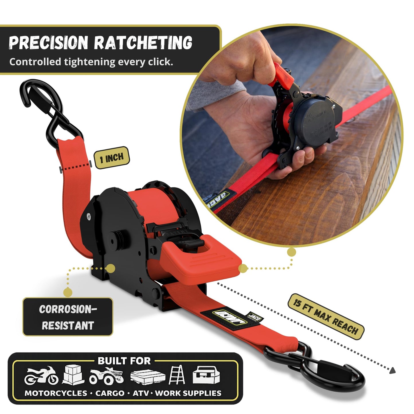 JACO Retractable Ratchet Straps Tie Down Kit (4-Pack) - 1 inch x 15 ft. (1,763lb Break Strength) (Red)