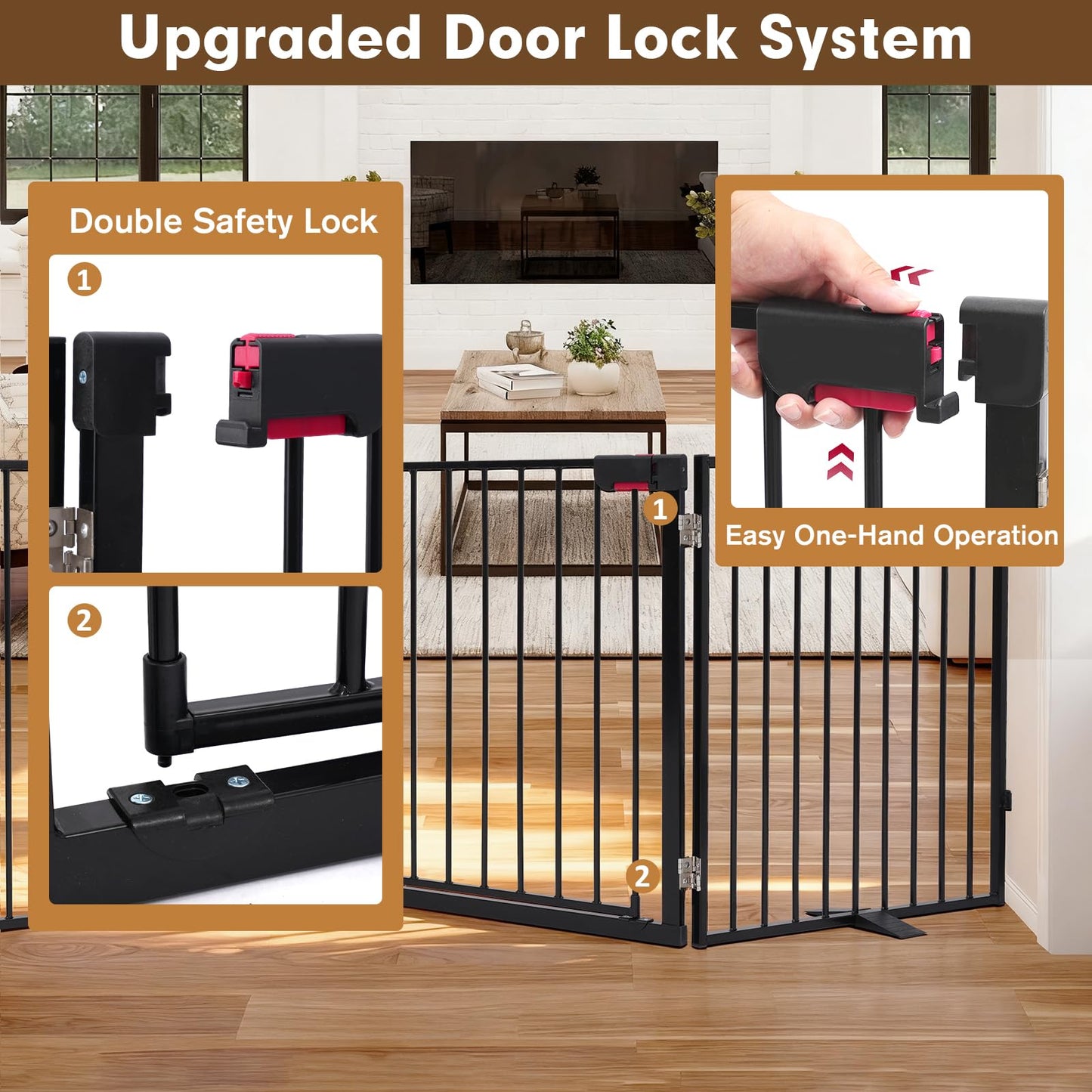 Furggis 156" Extra Wide Dog Gate, Heavy Duty Metal Freestanding Dog Gate with Door for Indoor & Outdoor, Foldable Pet Fence for Doorways,House,Porch,Deck,Yard,Stairs, Auto Close(6 Panels,Black)