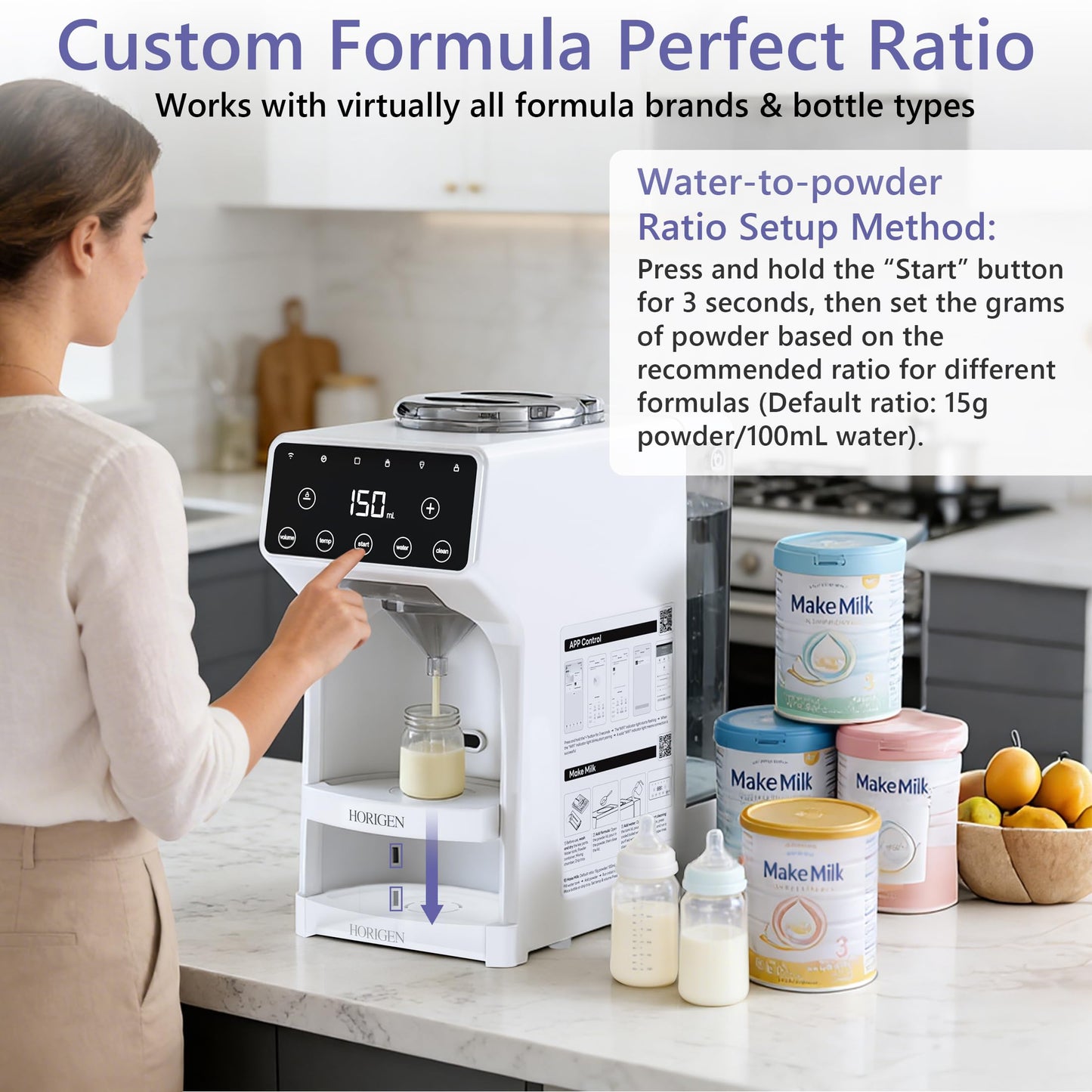 Horigen Smart Baby Formula Maker - Advanced WiFi Bottle Maker Formula Machine with Automatic Mix & Clean, Instant Warm Water, Fast Milk Make with Accurate Dispensing & Temperature Control