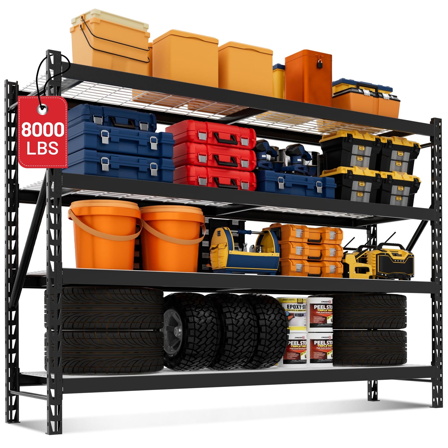 WORKPRO 77" Garage Shelving Unit, 8000LBS Heavy Duty Metal Storage Rack, Extra Wide Adjustable 4-Tier Shelves for Warehouse, Basement, and Garage, 77" W X 24" D X 72" H, Black