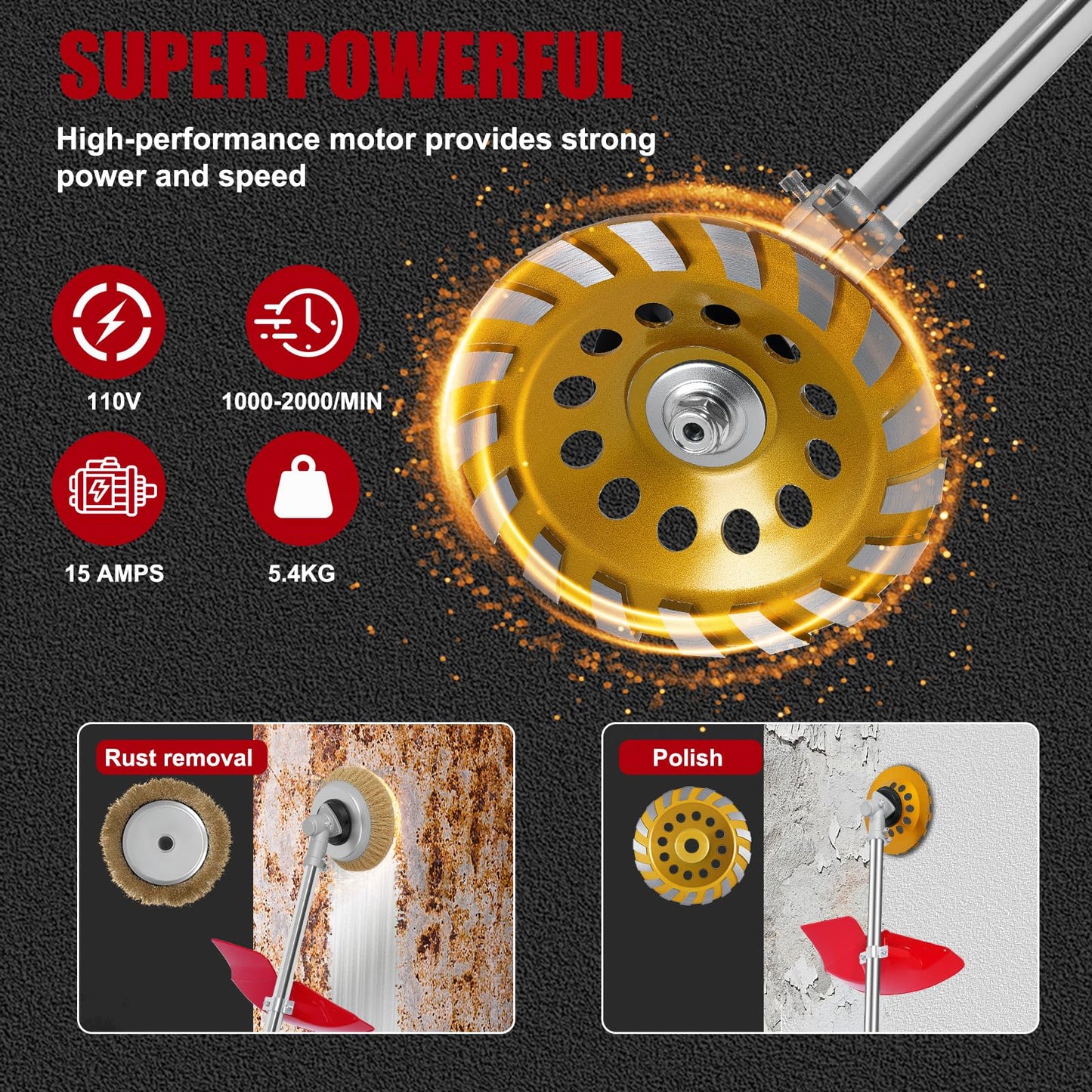 Electric Multifunctional Concrete Grinder & Burnishing Machine 6 Speed Adjustable 110V Heavy Duty Grinder for Floor Polishing,Wall Grinding,Metal Derusting with 180mm Diamond Disc &200mm Wire Brush