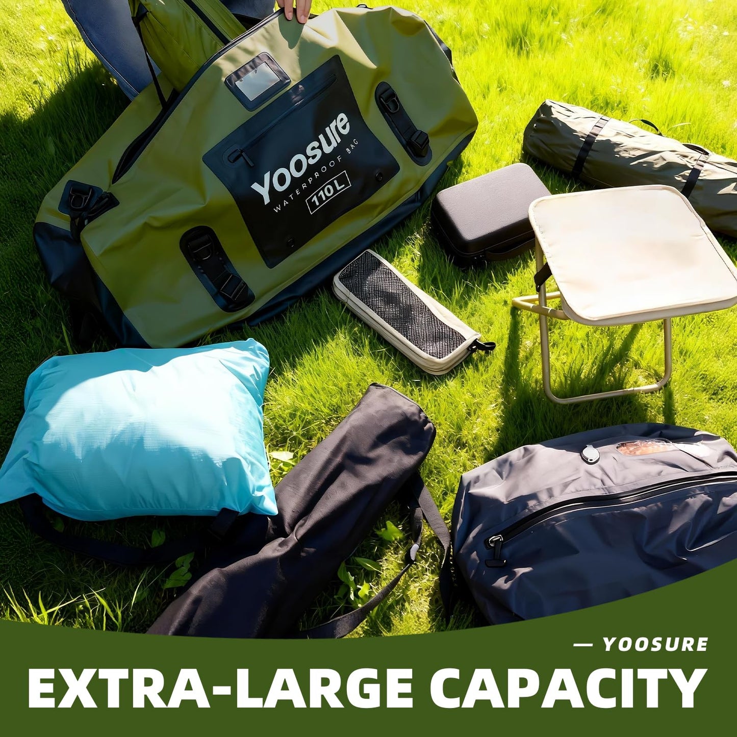 YOOSURE Waterproof Duffel Bag 110L - Marine Dry Bag with 700D PVC & Airtight Zipper, Extra Large Duffle Bag for Camping, Rafting, Kayaking, Boating, Car Roof Storage (Green)