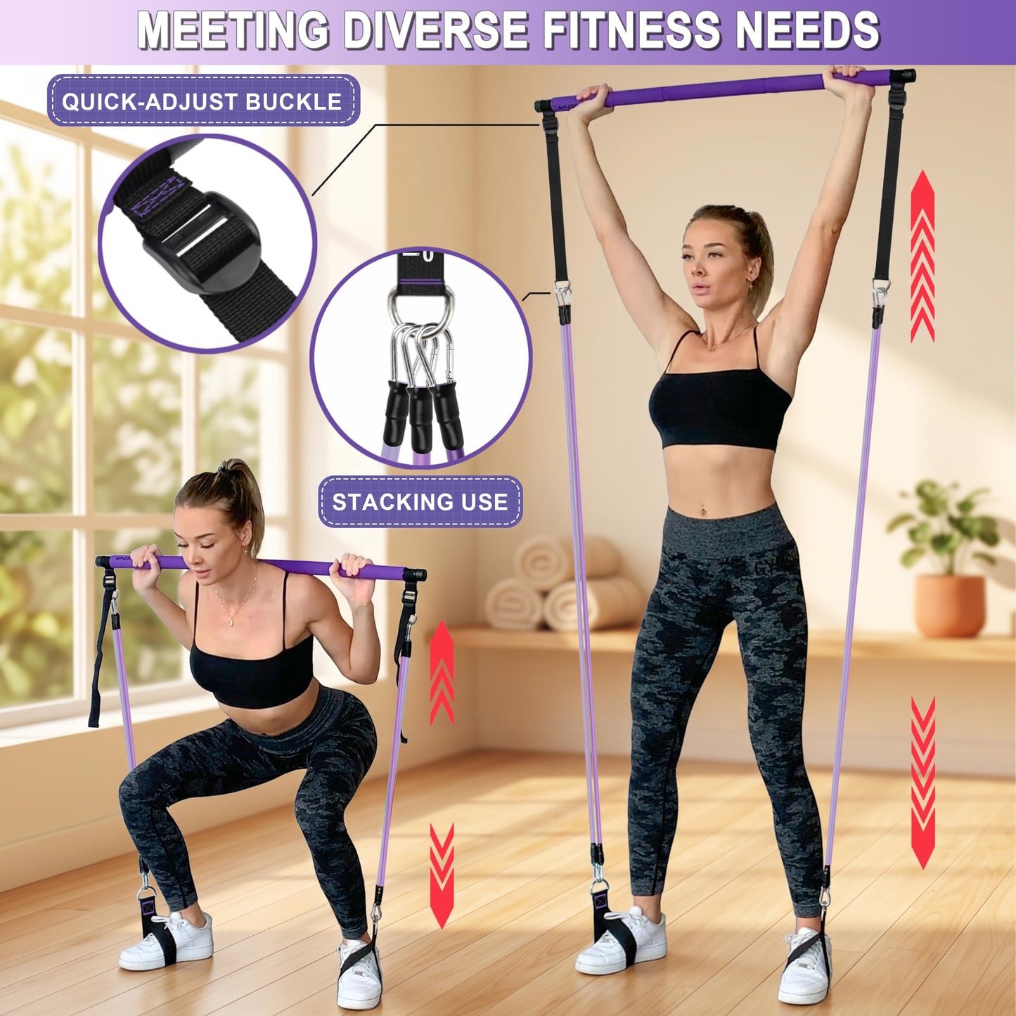 Goocrun Pilates Bar Kit with Resistance Bands for Men and Women - 3 Set Exercise Resistance Bands - Portable Multifunctional Home Gym - Supports Full-Body Workouts – with Fitness Poster and Video