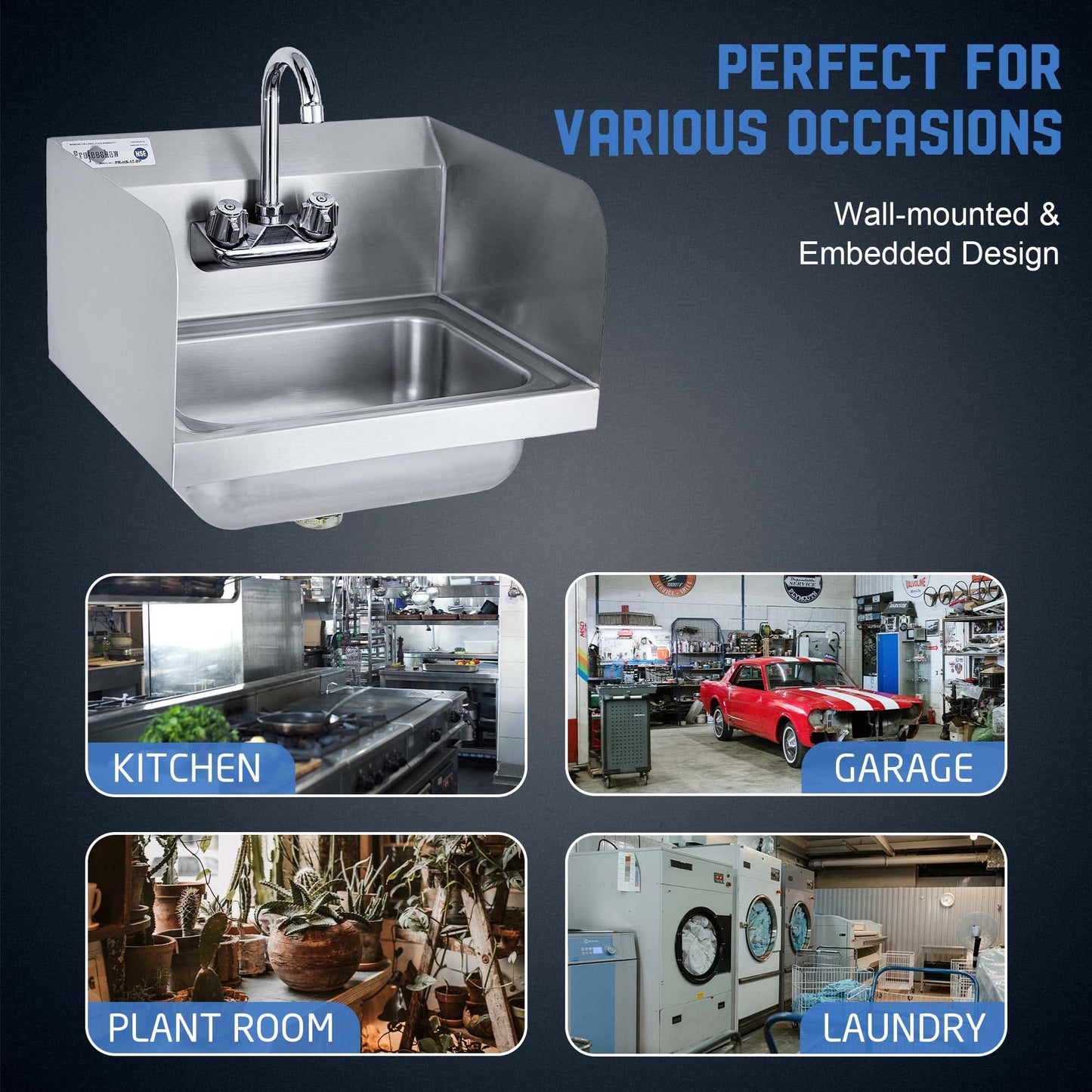 Profeeshaw Commercial Hand Sink with Side Splash Guards, Wall Mount Utility Sink, 304 Stainless Steel Wash Basin with Gooseneck Faucet and Drain Basket for Restaurant and Bar, 17 x 15 Inch