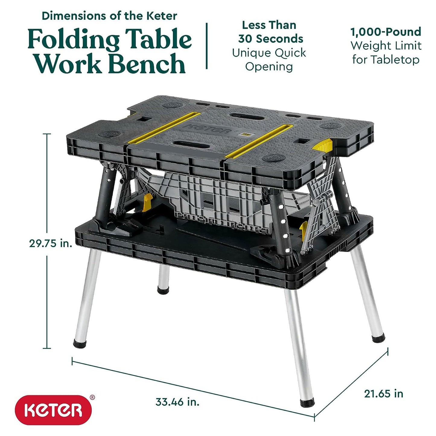 Keter Heavy-Duty Folding Workbench with 1,000 Pound Capacity - Foldable Work Table for Garage, Woodworking, and Outdoor Workshop with 12 Inch Adjustable Clamps