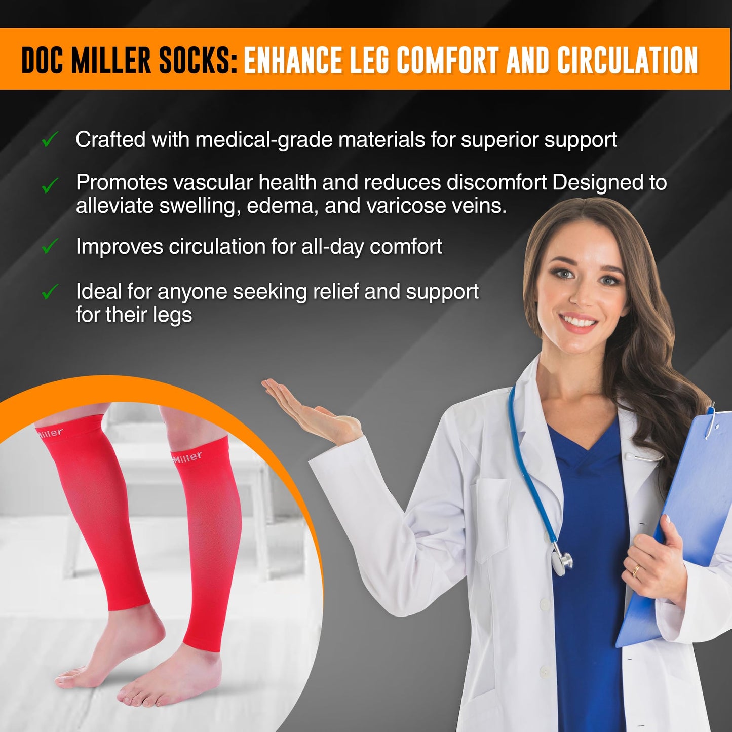 Doc Miller Compression Calf Sleeve for Men & Women – 20-30mmHg Graduated Support for Running, Shin Splints, Calf Strain – Knee High, Small to 6XL Plus Size