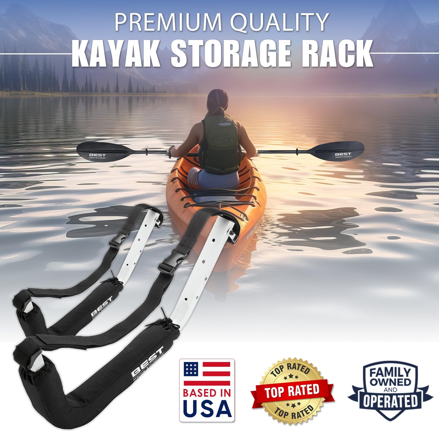 Best Marine and Outdoors Kayak Wall Rack, Heavy Duty 125 lb Capacity, Wall Mount Kayak Storage Rack for Garage, Canoe, SUP & Paddle Board, Indoor/Outdoor Steel Hangers with Foam Padding