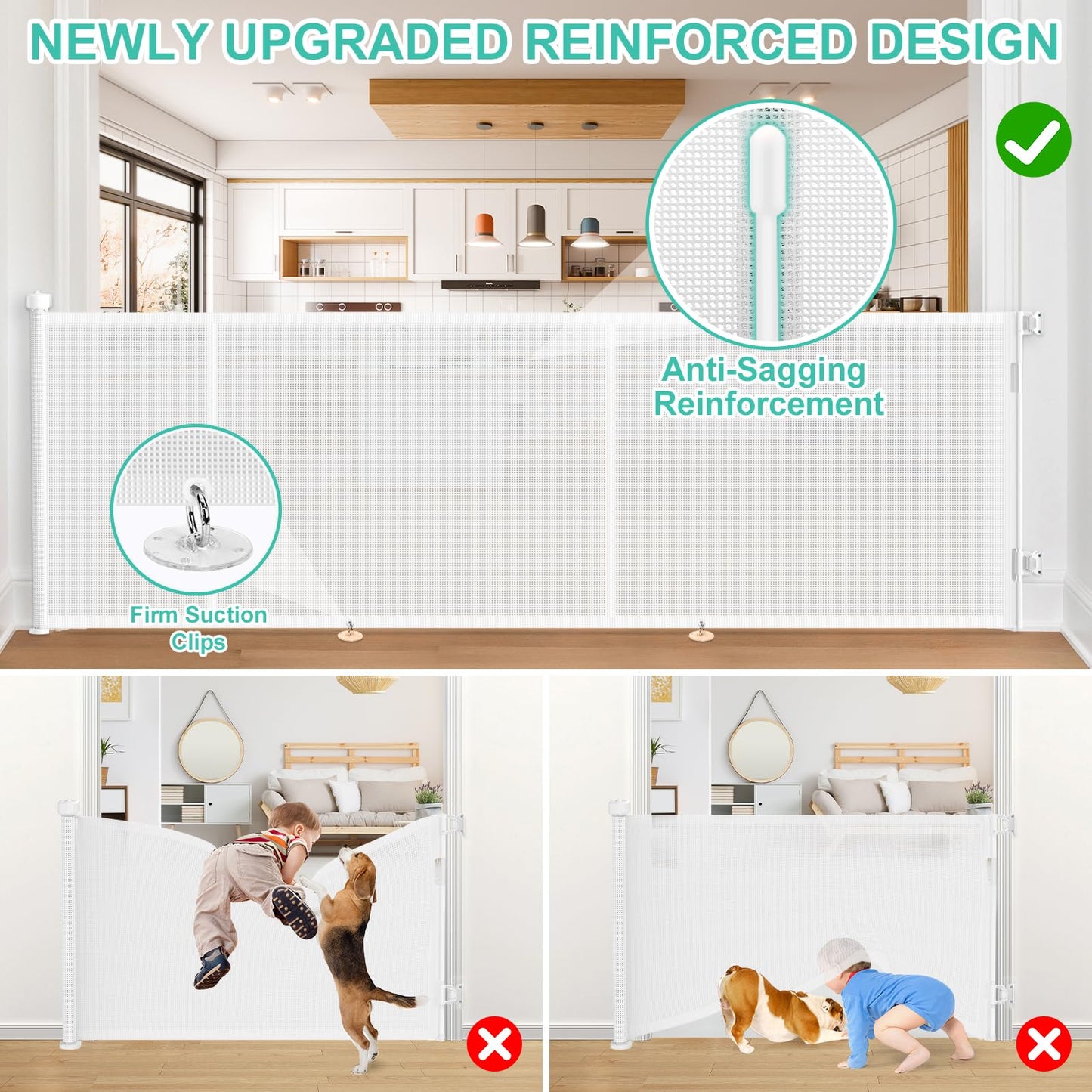 196 Inch Retractable Baby Gates Extra Wide, 41 Inch Reinforced Extra Tall Gate for Large Openings, Mesh Safety Gate for Kids Pets, Retractable Dog Gate for Pool Garages Doorway Indoor Outdoor, White