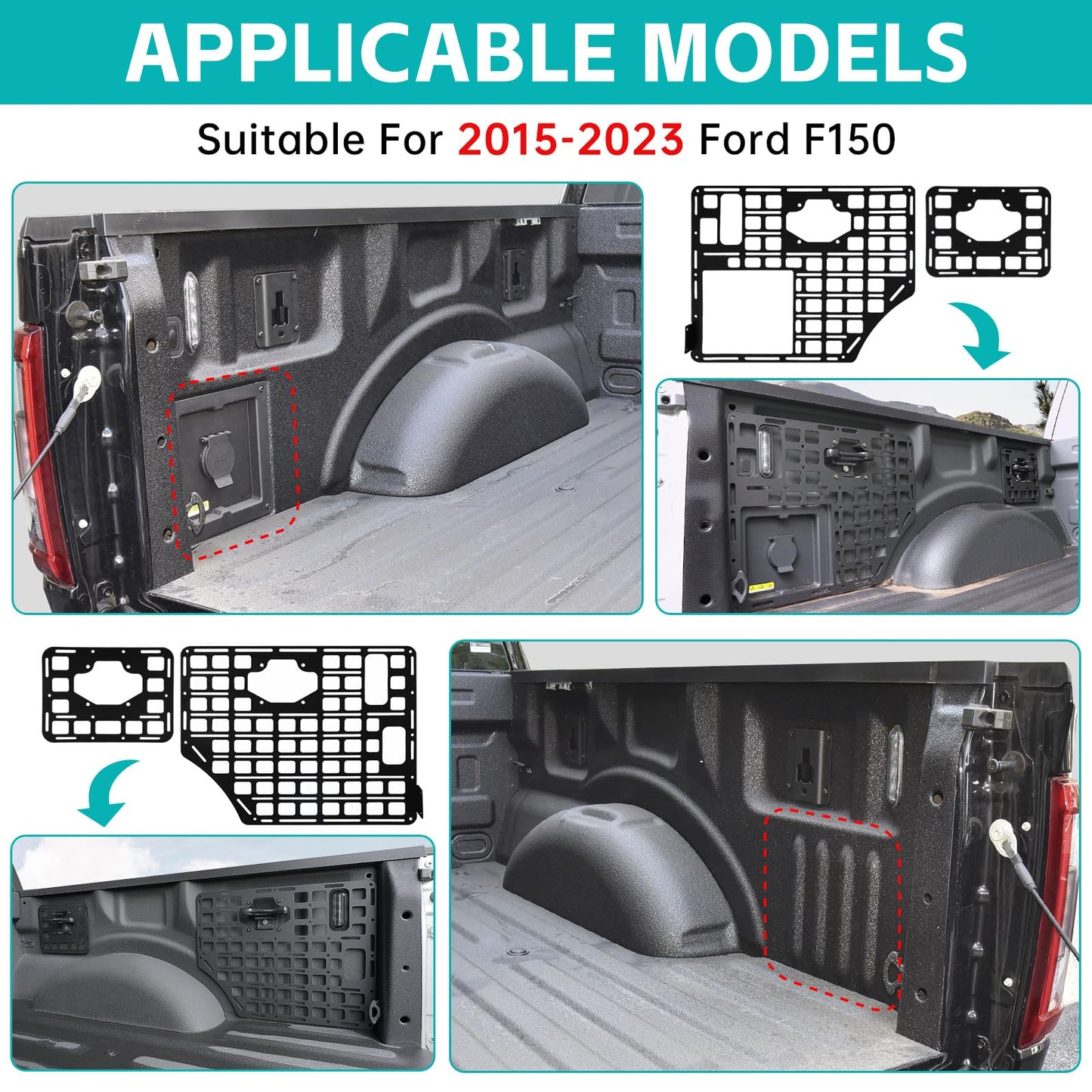 OUSUWO Side Truck Bed Molle Panel Rack System Compatible with 2015-2023 Ford F150 Accessories 5.5FT Cargo Storage Organizer Tools Rack Fit for 2015-2023 F-150 Accessories