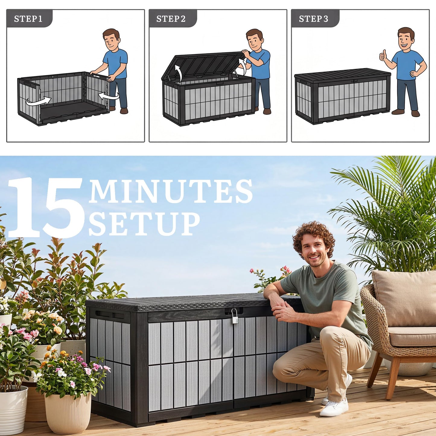 YITAHOME 134 Gallon Large Deck Box, Waterproof Resin Outdoor Storage Box with Lock, Doubles as Bench Seating for Patio Furniture Cushions,Garden Tools & Pool Accessories, Black & Wood-Grain Gray
