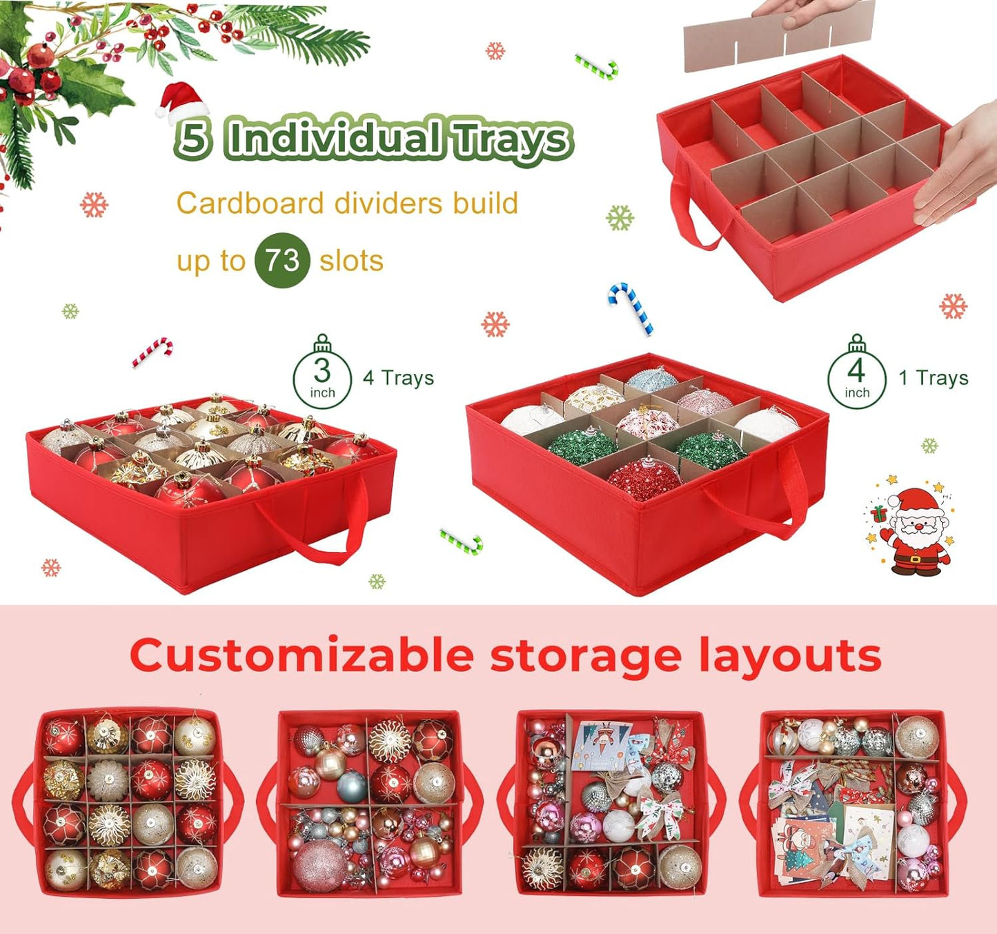 Skiennix Premium 2-in-1 Christmas Ornament Storage Box - Adjustable Dividers & 5 Trays for 73 Ornaments