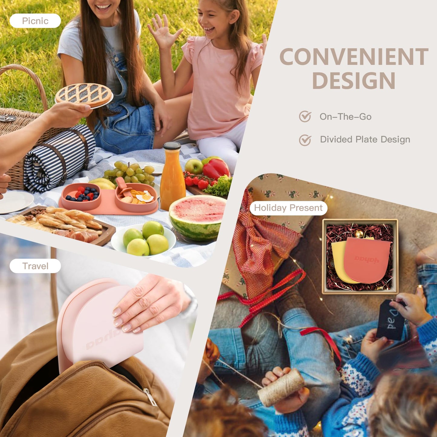 yahaa Silicone Foldable Novelty Dinner Plates, Baby Plates Travel Essential with Forks and Spoons, Microwave & Dishwasher Safe, Blush