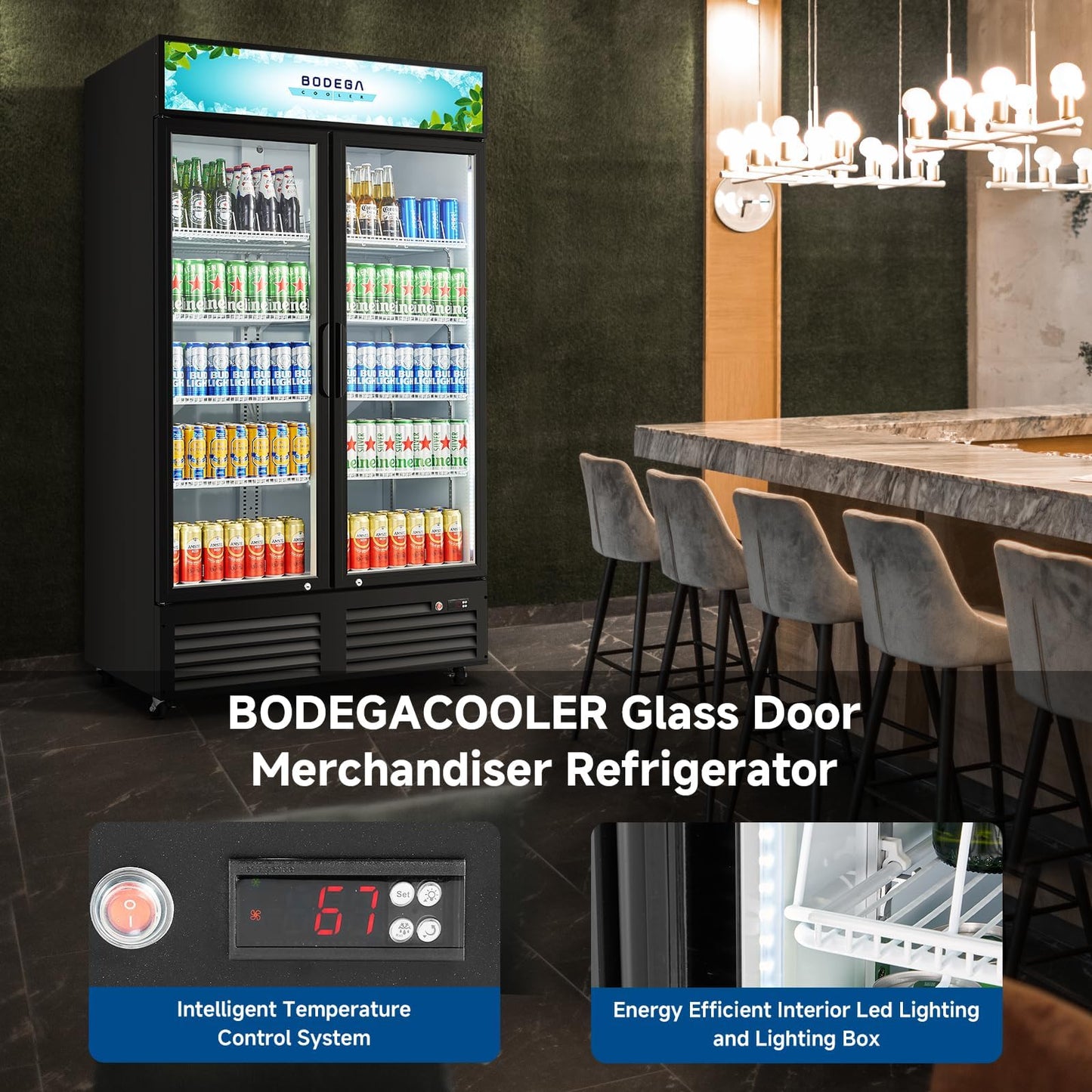 BODEGA BODEGACOOLER 35.4 Cu. Ft Commercial Beverage Refrigerator, 2 Glass Door Merchandiser Cooler Display Refrigerator with LED Lighting, Adjustable Shelves, Temperature Control and Casters, Black
