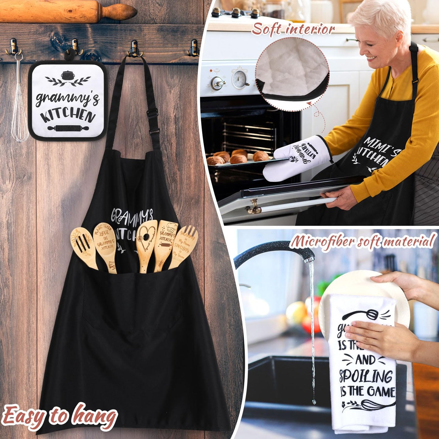 Leyndo 10 Pcs Mother's Day Grammy Kitchen Gifts Set Include Apron Tea Towel Tea Spoon Pot Holder Oven Mitt Bamboo Kitchen Spatula Cooking Baking