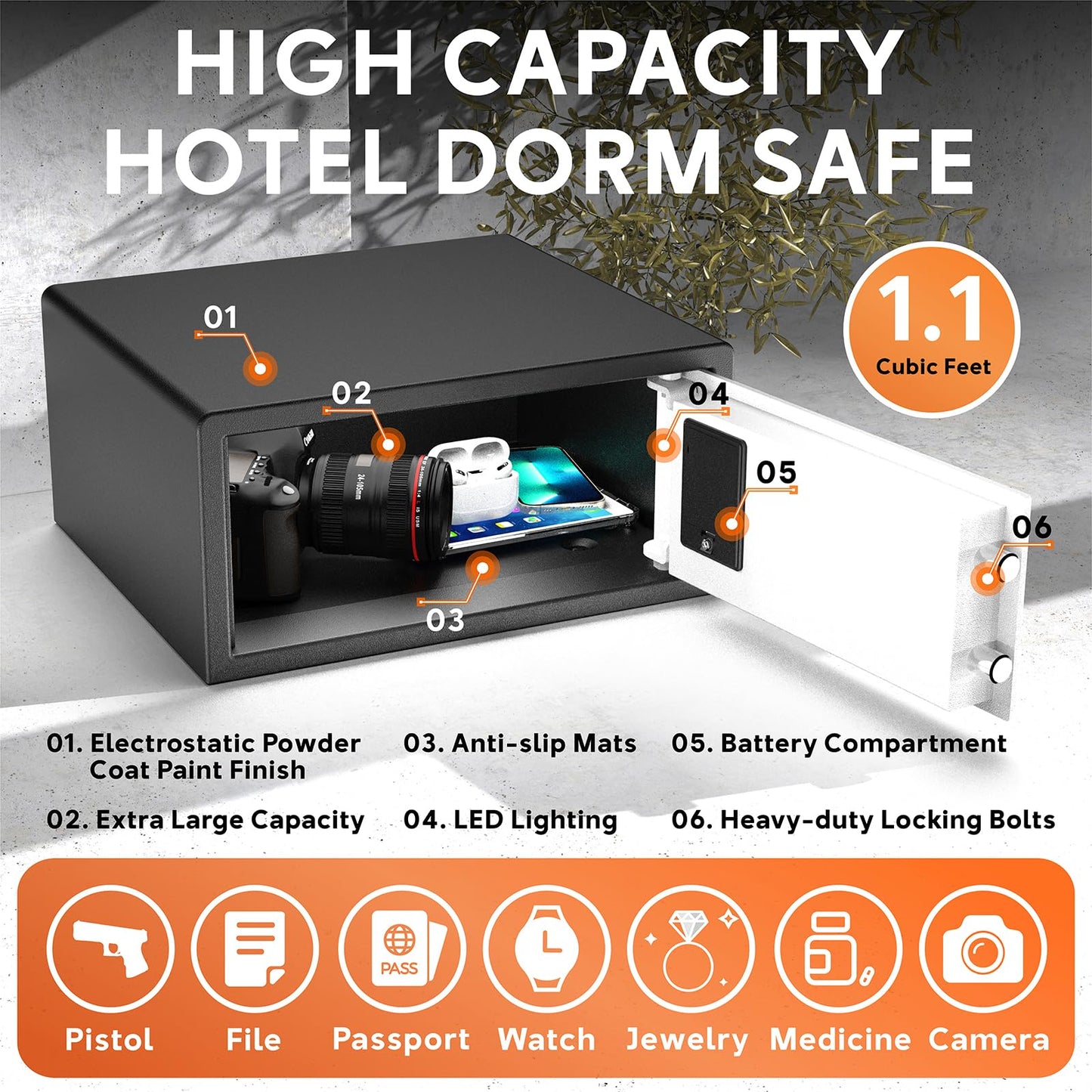Z ZLJUAN Hotel Safe 1.1 Cubic Feet Home Safe Personal Document Steel Security Safe with Hotel-Style Biometric Lock/Digital Electronic Lock/Key Lock (White)