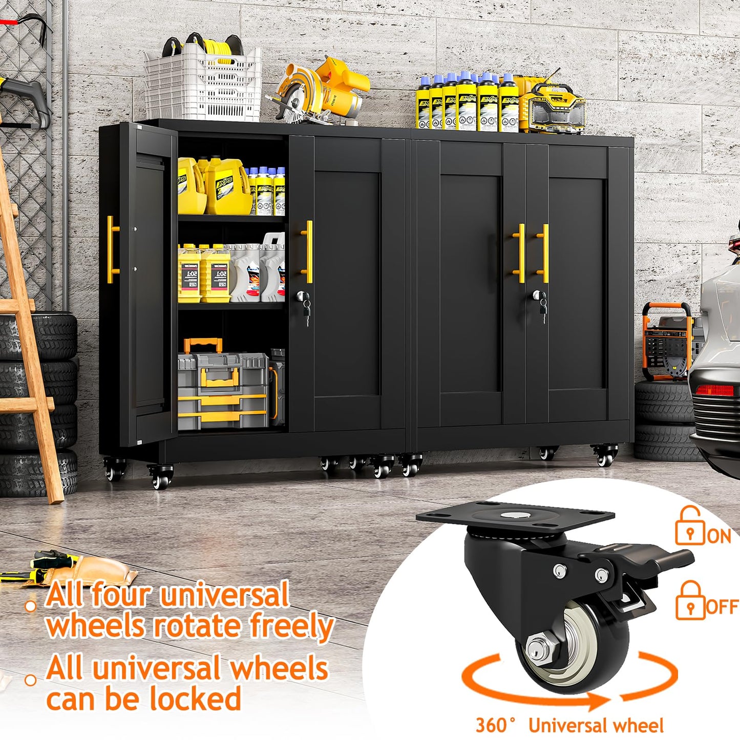 RISTERN Metal Storage Cabinet with Wheels, 36" Tall Locking Storage Cabinet with 2 Adjustable Shelves, Locking Garage Cabinet, Steel Locker Organizer, for Office, Home, School, Black