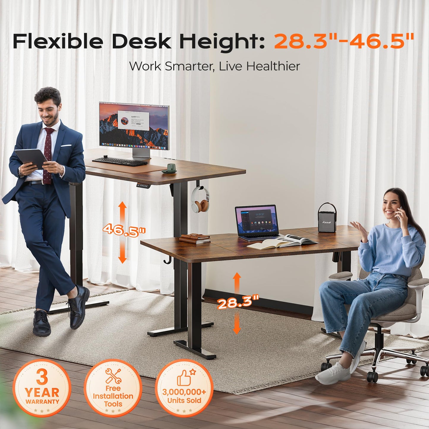 Huuger 61 x 28 Large Electric Standing Desk, Height Adjustable Computer Desk and Drafting Chair with Back Bundle
