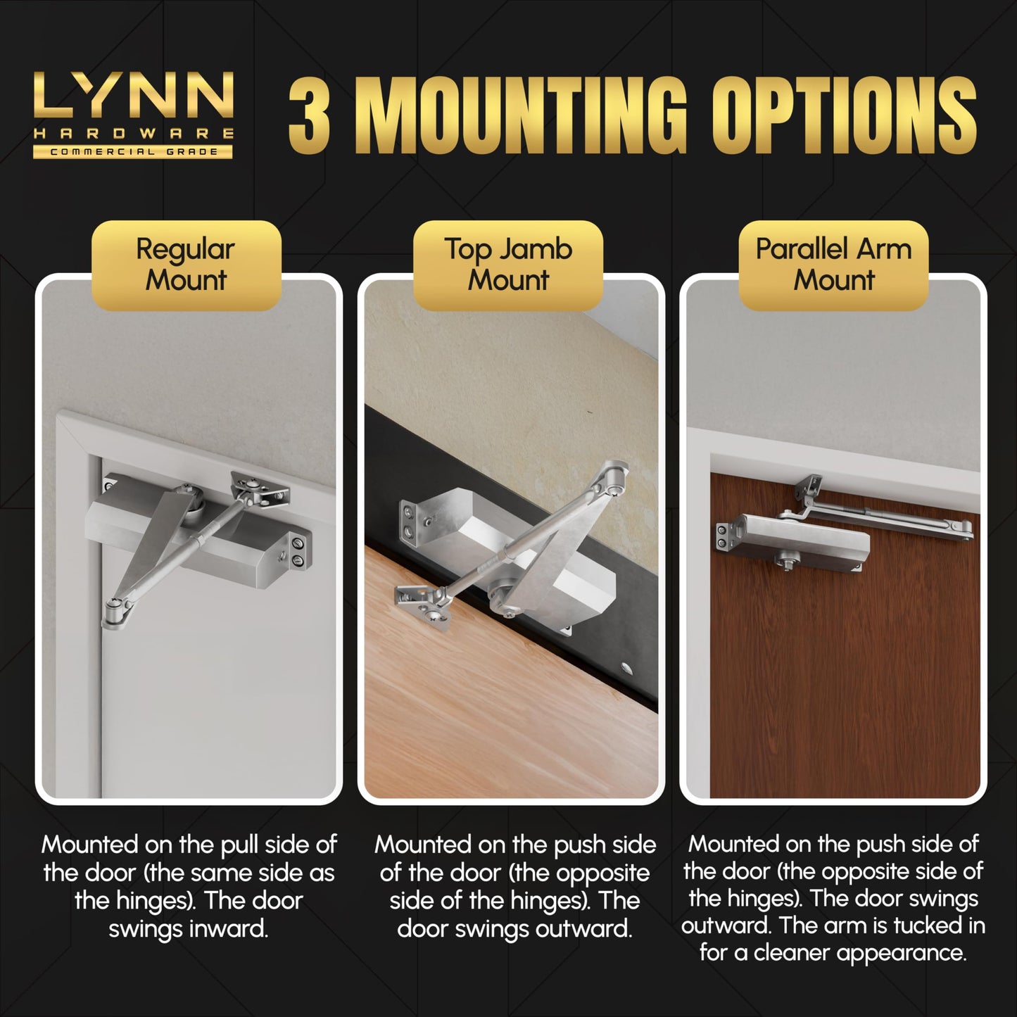 LYNN HARDWARE Medium Duty Automatic Door Closer (Matte Black) - Highly Durable Cast Aluminum, Commercial or Home Use, Adjustable Speed Controls, 3 Mounting Options, 3 Hour Fire Rated (DC6003 Model)