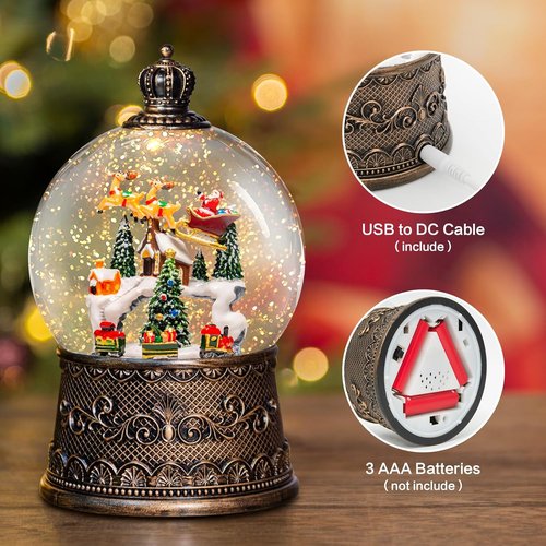 Christmas Snow Globes Lantern - Musical Winter Village Scene with Swirling Glitter | USB/Battery Powered, 6-Hour Timer