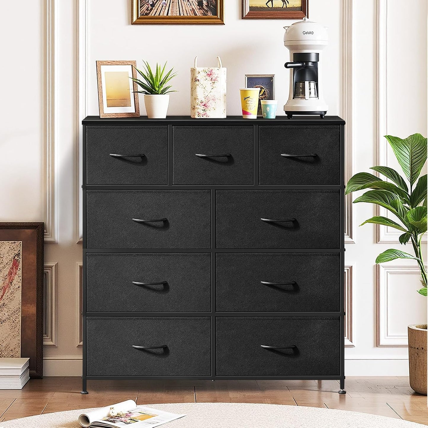 Regine Switzerland 9-Drawer Dresser - Anti-Tip Storage Organizer with Wooden Top & Metal Frame | Black