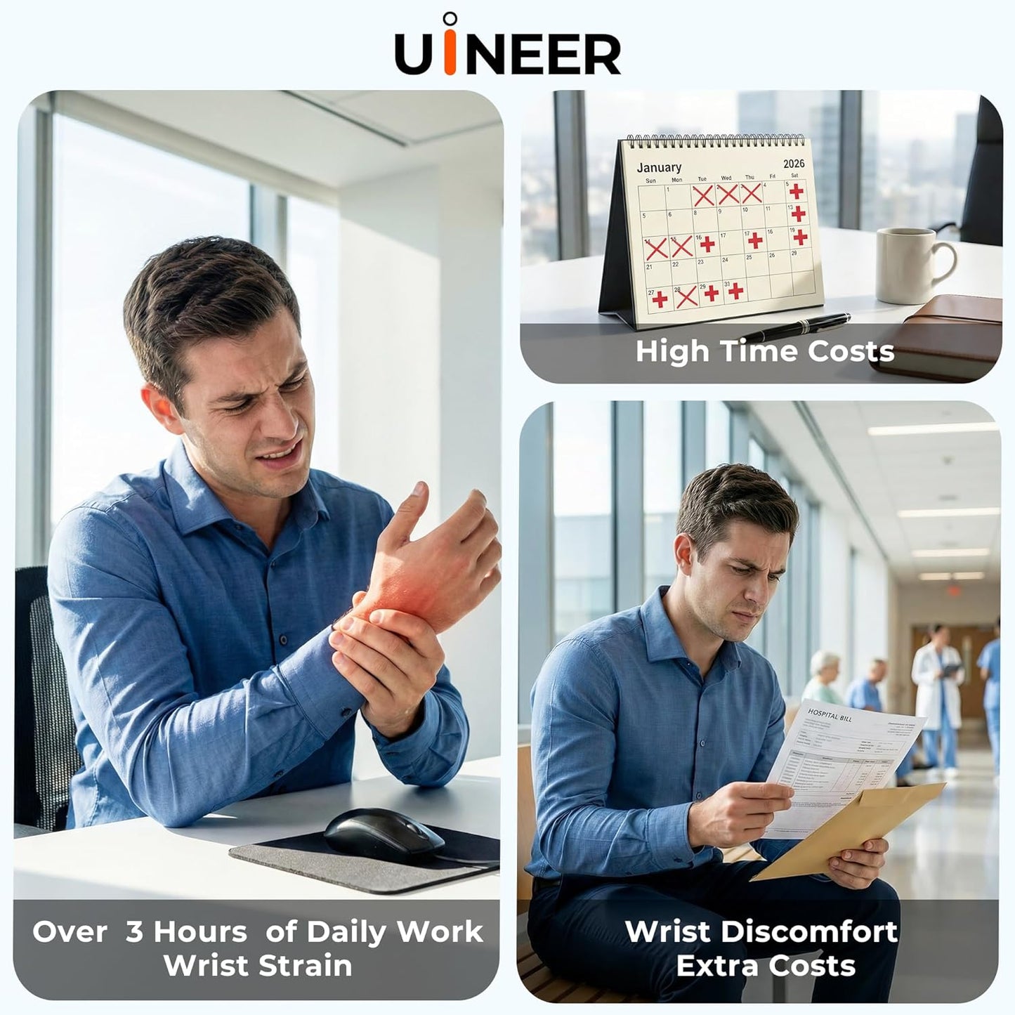 Uineer (BT4.0/5.0 2.4G) 3 4 Wireless Ergonomic Mouse, Bluetooth Mice and Rechargeable Vertical Mouse, Multi-Device