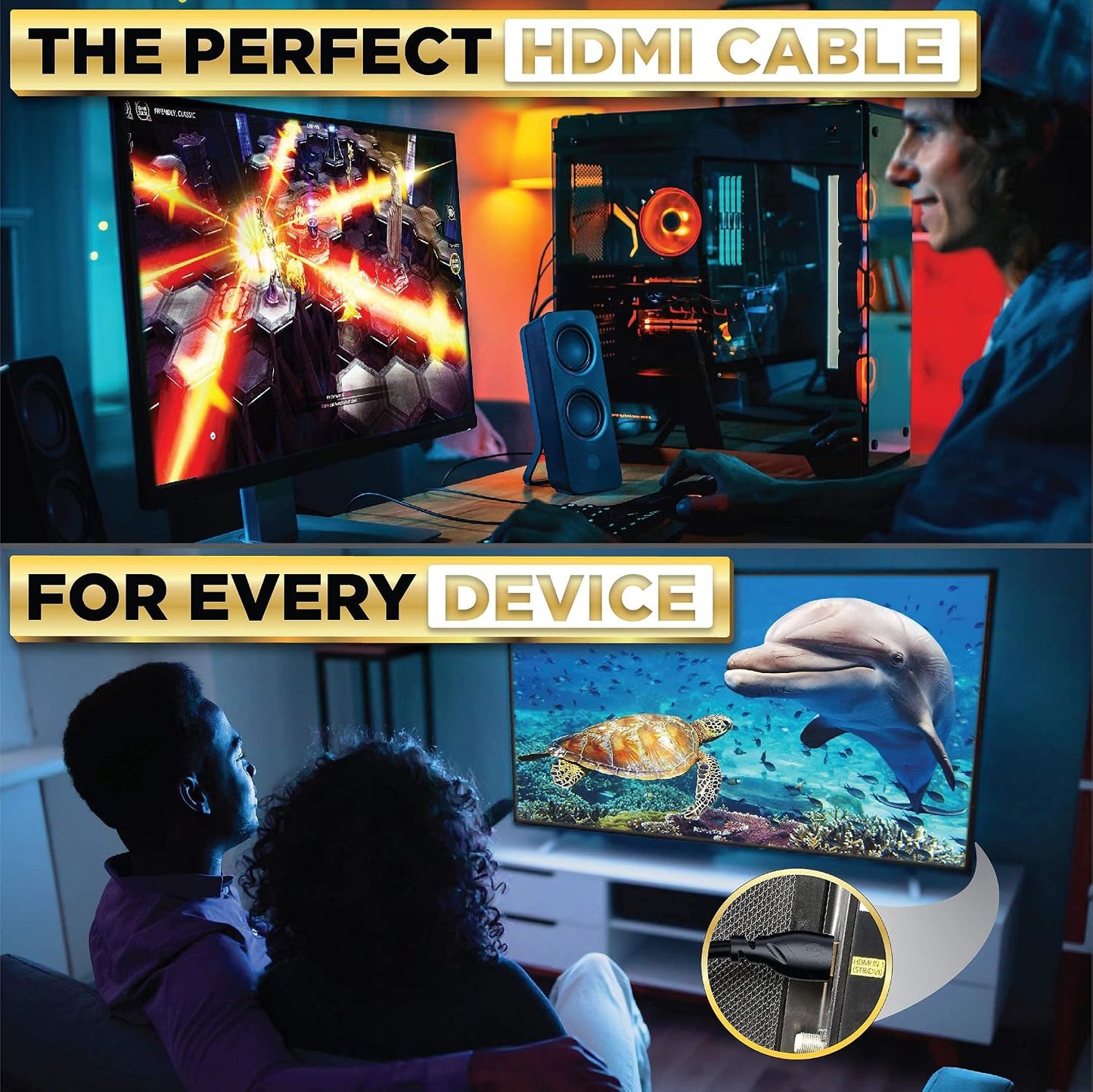 4K 20 1 Pack 4K 60Hz, 2K, 1080P, CL3 PS5, PS4, PowerBear HDMI Cable ft Long Hdmi Cable, Braided Nylon & Gold