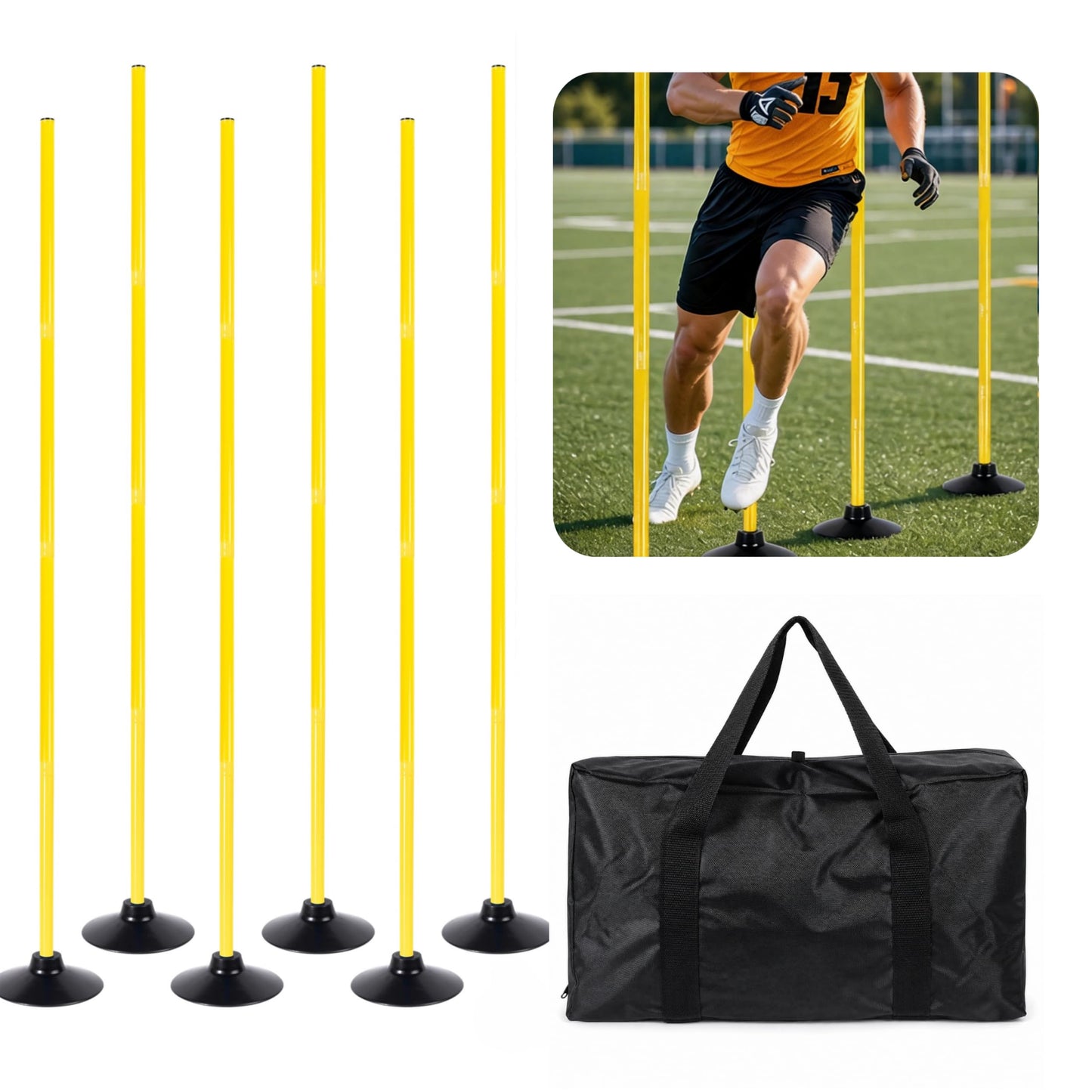 6 Pack Soccer Agility Training Poles, 5 FT Adjustable Speed and Agility Training Equipment for Football/Basketball/ Dog Practice, Bending Poles for Horses with Rubber Bases and Carry Bag (Yellow)