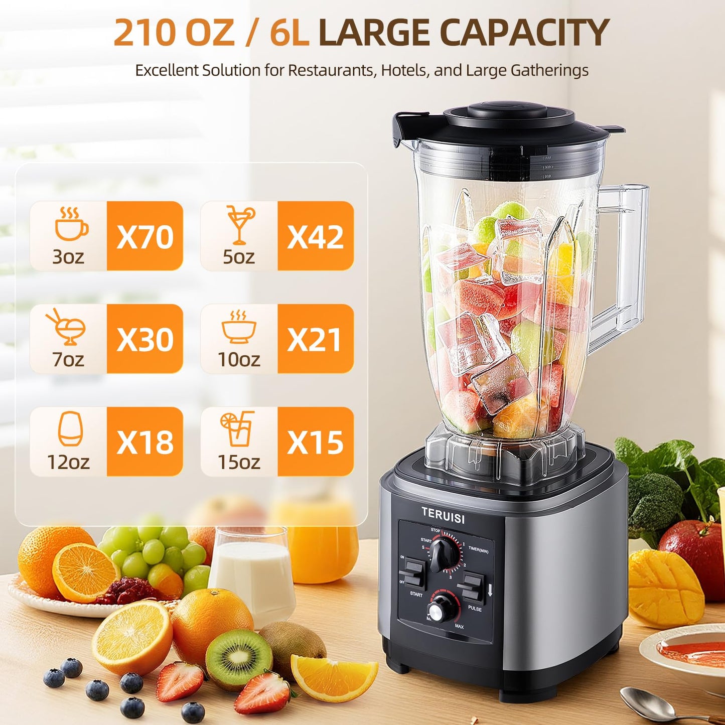 TERUISI 210 Oz / 6 L Commercial Blender, Heavy Duty Industrial Blender with Adjustable Speed & Timer Function, 2200W Countertop Blender with 23000RPM for Ice Crushing, Frozen Drinks, Milkshakes, Puree