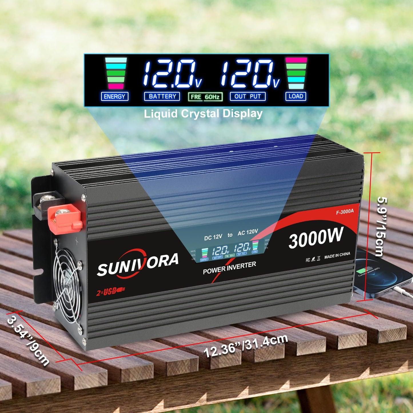 3000 Watt Power Inverter 12V DC to 110V/120V AC Converter 6000W Peak with LCD Display, 3 AC Outlets & 2 USB Ports Power Inverters for Vehicles Car Truck Boat RV Camping Solar System EPS