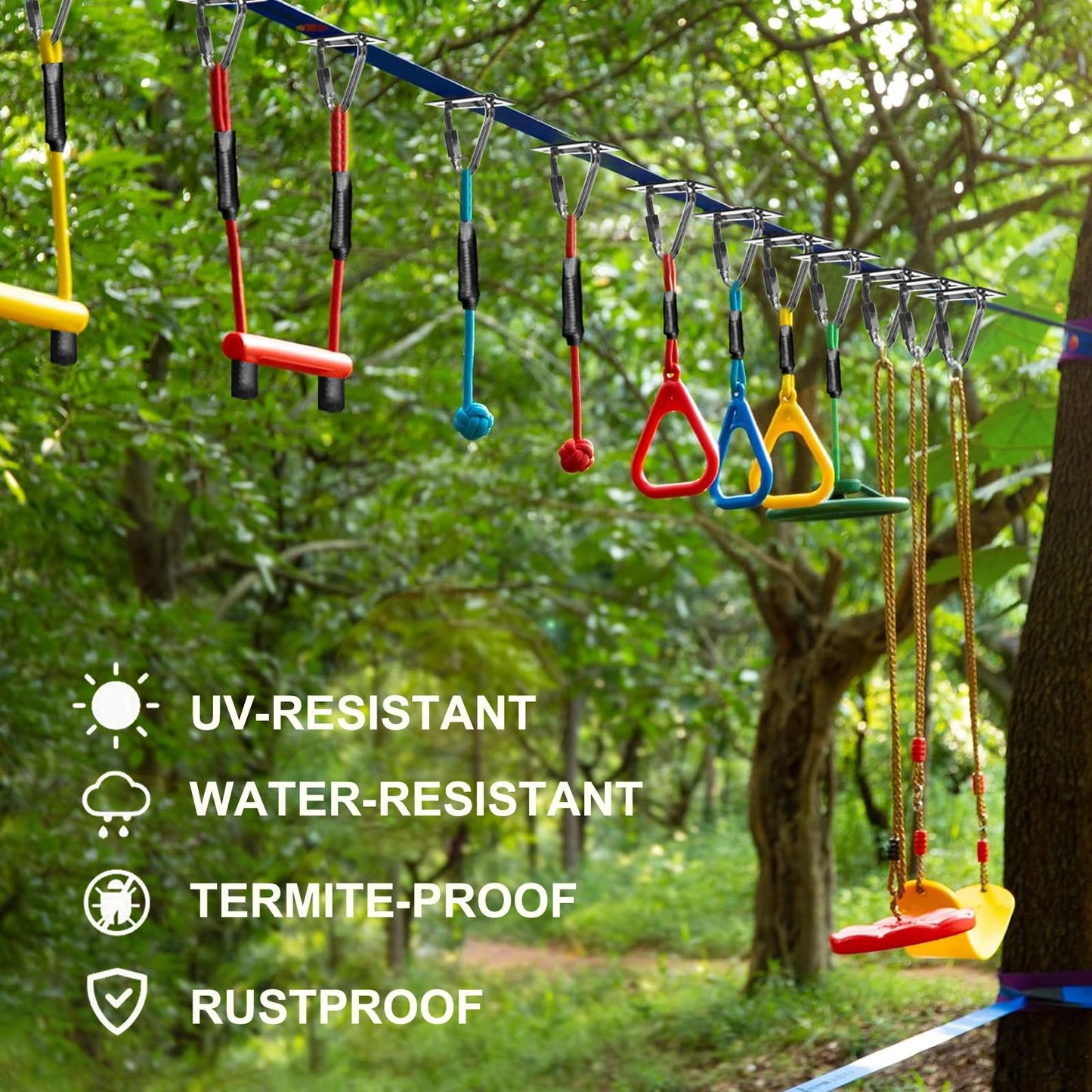 Ninja Warrior Obstacle Course for Kids Backyard-65ft Slackline Kit with 13 Obstacles, Upgraded Quick-Install Buckles No Threading, Install Anywhere, 900lbs Capacity, Easy Setup Backyard Playground Set