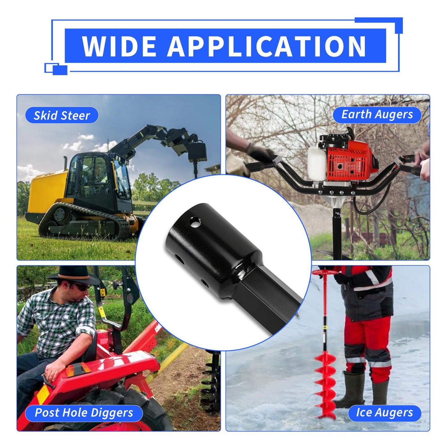 loosoo Auger Adapter Coupler, 2" Female Round to 2in Male Hex, Heavy Duty Auger Shaft Bit Adapter Conversion Bolt Pin, Fit for Skid Steer/Tractor/Digger/Power Head, Fully Welded Machined Carbon Steel