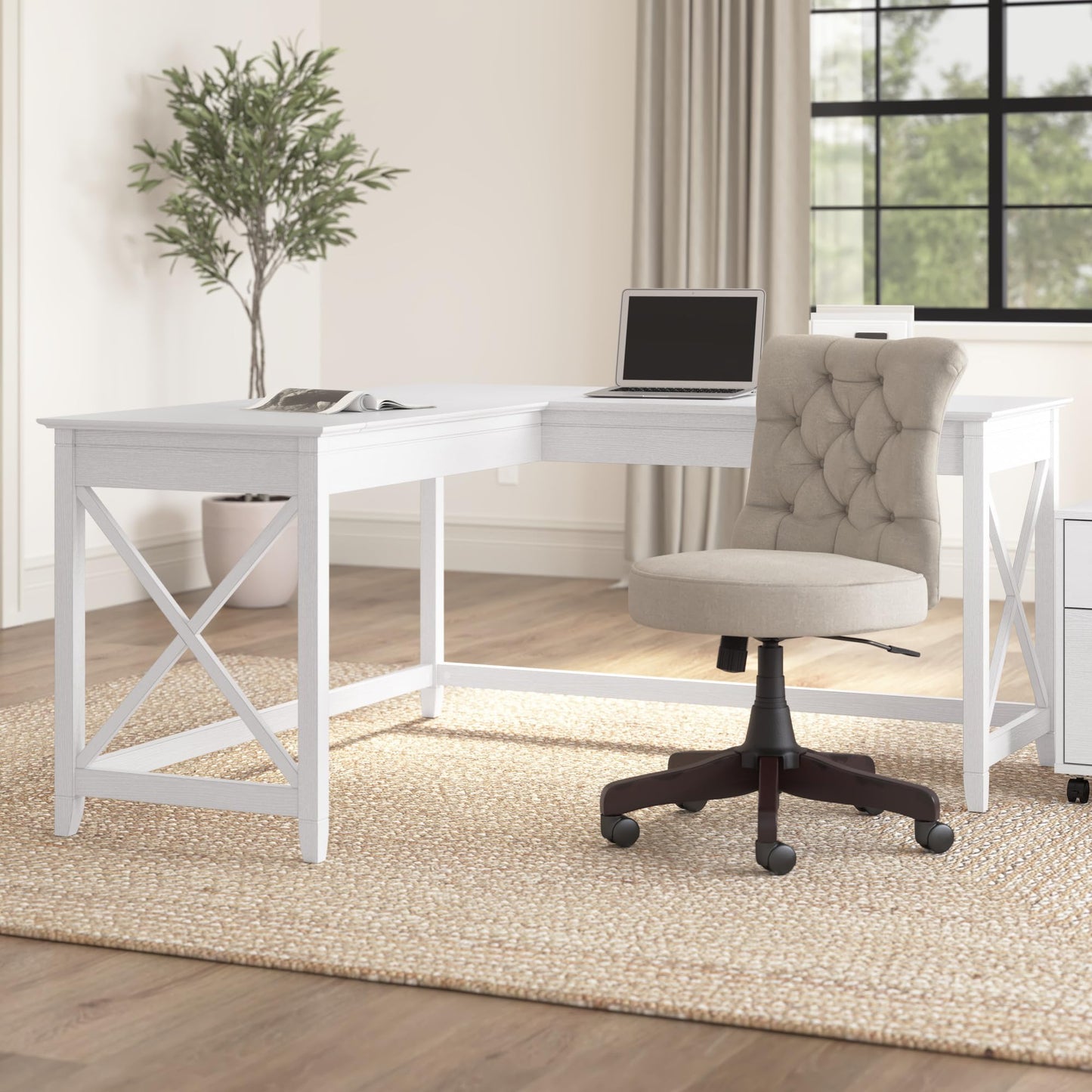 Bush Home Key West 60W Modern Farmhouse L Shaped Desk in Pure White Oak, 60-Inch Corner Computer Table for Home Office Workspace