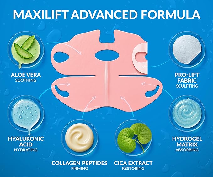 Stylia MaxiLift V-Line Lifting Collagen Face Mask – Enhanced Double Chin Reducer – Jawline Shaper Face Lifting Masks – Firming Neck Lift Collagen Mask – Chin Strap for Sleeping – Hyaluronic Aloe 5PC