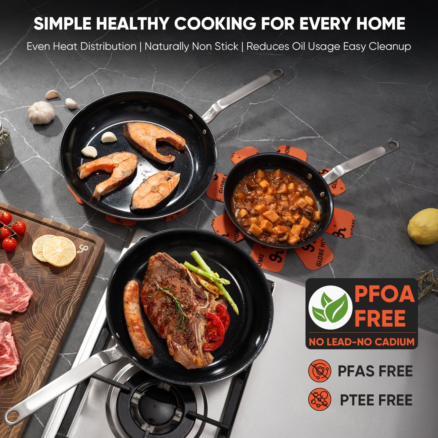 GLOBEHOME 5 Ply Ceramic Non Stick Frying Pans - 12 Inch Stainless Clad Nonstick Skillet, Non-Toxic PTFE PFOA & PFAS Free, Induction Ready Oven Safe up to 650°F, Professional Even Heating Cookware